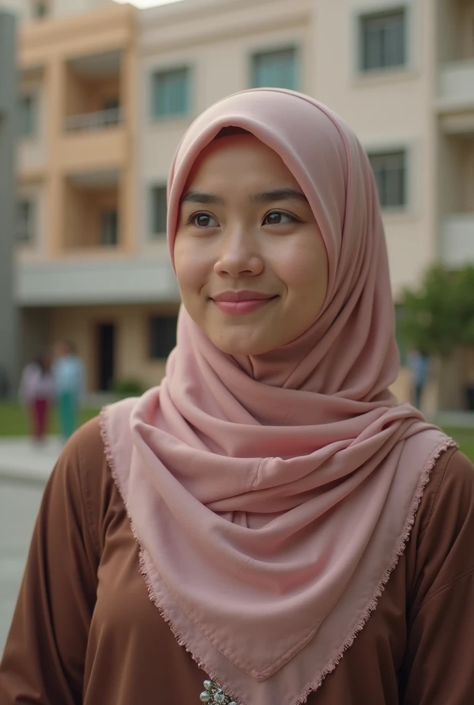 Please make me a realistic photo of a woman in a light gray hijab, light blue color t-shirt standing on a paving with the background of house and sky. The individual