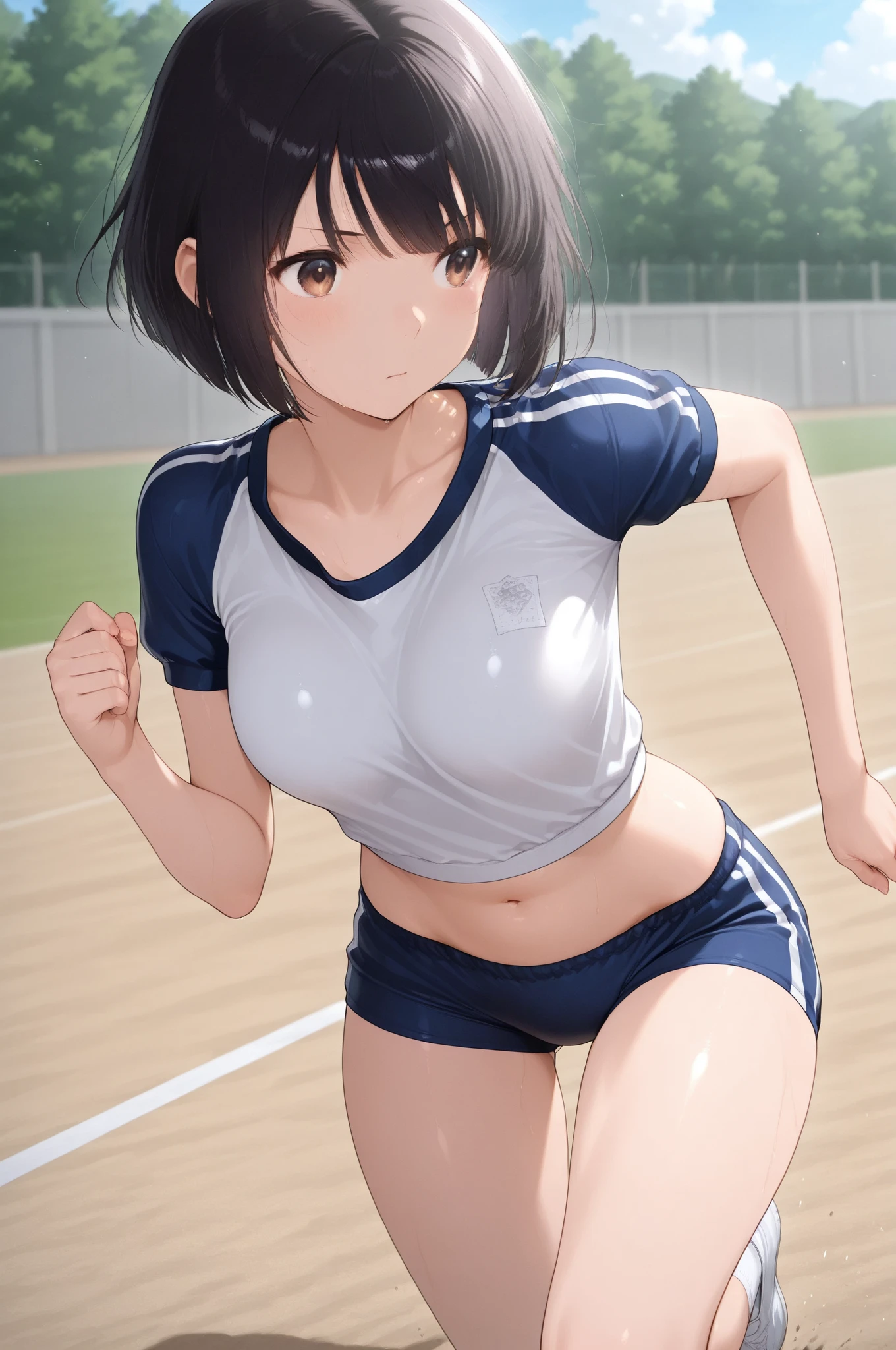muste piece、masterpiece、highest quality、Super detailed、High resolution、8K portrait、High definition CG of Unity 8k wallpaper、cute type little:1.5、Lori:1.5、Highly detailed CG unity 8k wallpaper、Realistic、real person、 portrait photography、shiny skin、High definition、(16 years old:1.2)、(1 girl)、beautiful clear eyes、extremely detailed description、delicate face、nice lips、slender body、medium breasts、thin waist、thin legs、(Atlantic stadium track:1.6)、1 girl, cute type, perfect face, seriously, (blush:1.5),(black hair bun hair:1.3),(medium breasts:1.4),((short sleeve gym clothes:1.2)),((clothes lift:1.5)), ((half nude:1.3))),(looking at view:1.2),(from front:1.2),gran,(wearing shoes:1.2),((climax in vagina:1.5),(arched back:1.2),(arms on head:1.2)