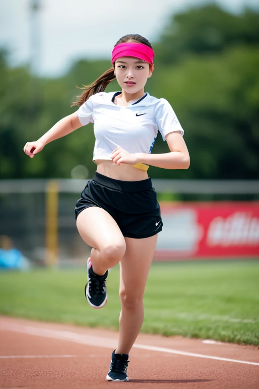 ((masterpiece, Top image quality, hight resolution、独奏、small tits、Sleeveless uniforms on land、track and field athlete、high-ponytail Hairstyle、no-bra、full body Esbian、A smile、A slight smil、Tecateca skin、glowy skin))、Sweaty face、Latina, puberty, full of sweat、red lipsticks、Walk along the tracks of the athletics stadium、独奏、On both hands and hips、Navel is visible、((Thigh Raising Training))、((Running on the track))、(((Macho Body)))、((Uniform wet with sweat))、(((see the whole body)))
