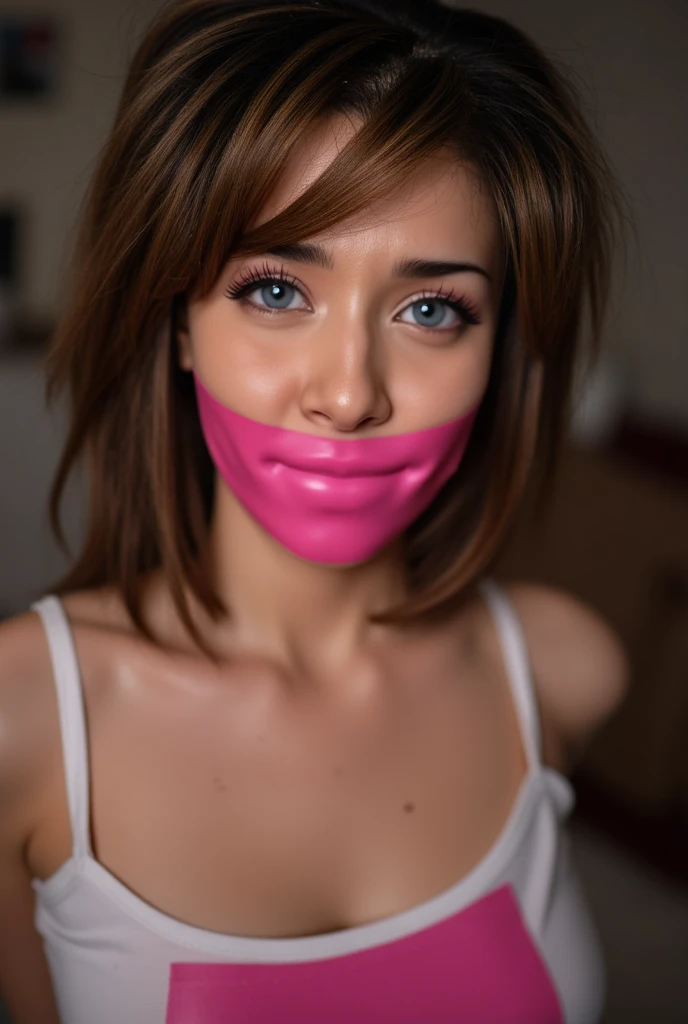 Camille Vasquez, (bdsm, bondage, wearing a ballgag, drool dripping, drool dangling,) cleavage, 8k, drool on chest, choker, drooling, realistic, torture, horror, breathplay, wet, long hair, breath control, medium breasts, sexy bra, drool all over