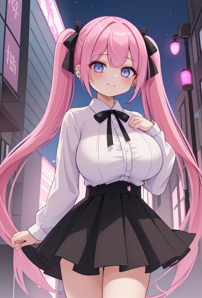 (​masterpiece、top-quality、ultra-detailliert)、((1 girl))、((Pink hair twin tails))、light blue  eyes、evilsmile、piercings、((very Bigger breasts))、jirai fashion、pink clothing、frilld、a black ribbon、Black miniskirt、cowboy  shot、Downtown background at night