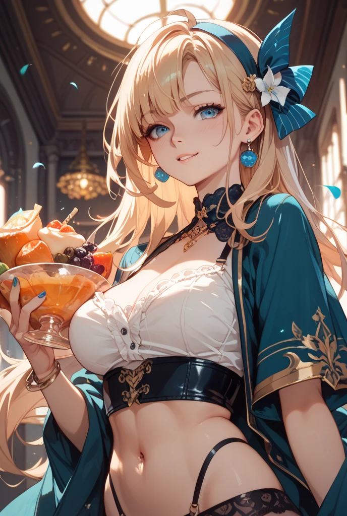 (glamorous woman:1.3)、(Beautiful huge breasts:1.2)、(french Braid:1.2)、(yellow hair:1.1)、(green eyes:1.1)、(hair between eyes:1.2)、(little necklace in sapphire:1.1)、(sari with blue stripes:1.3)、happy,forest background,Drink coffee、closed mouth,
