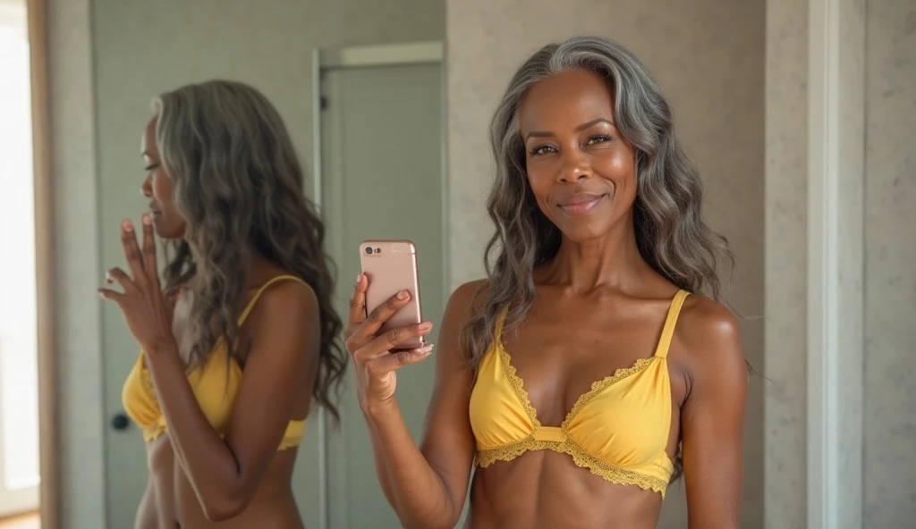 Androeda, solo, realistic, black girl, ((85-year-old girl)), ((mature)), ((old woman)), ((wrinkled woman)), african american old woman, old black woman, dark-skinned, (((upper body only))), ((at the gymnasium)), ((selfie shot)), smiling, wearing attractive tops and jeans, white hair