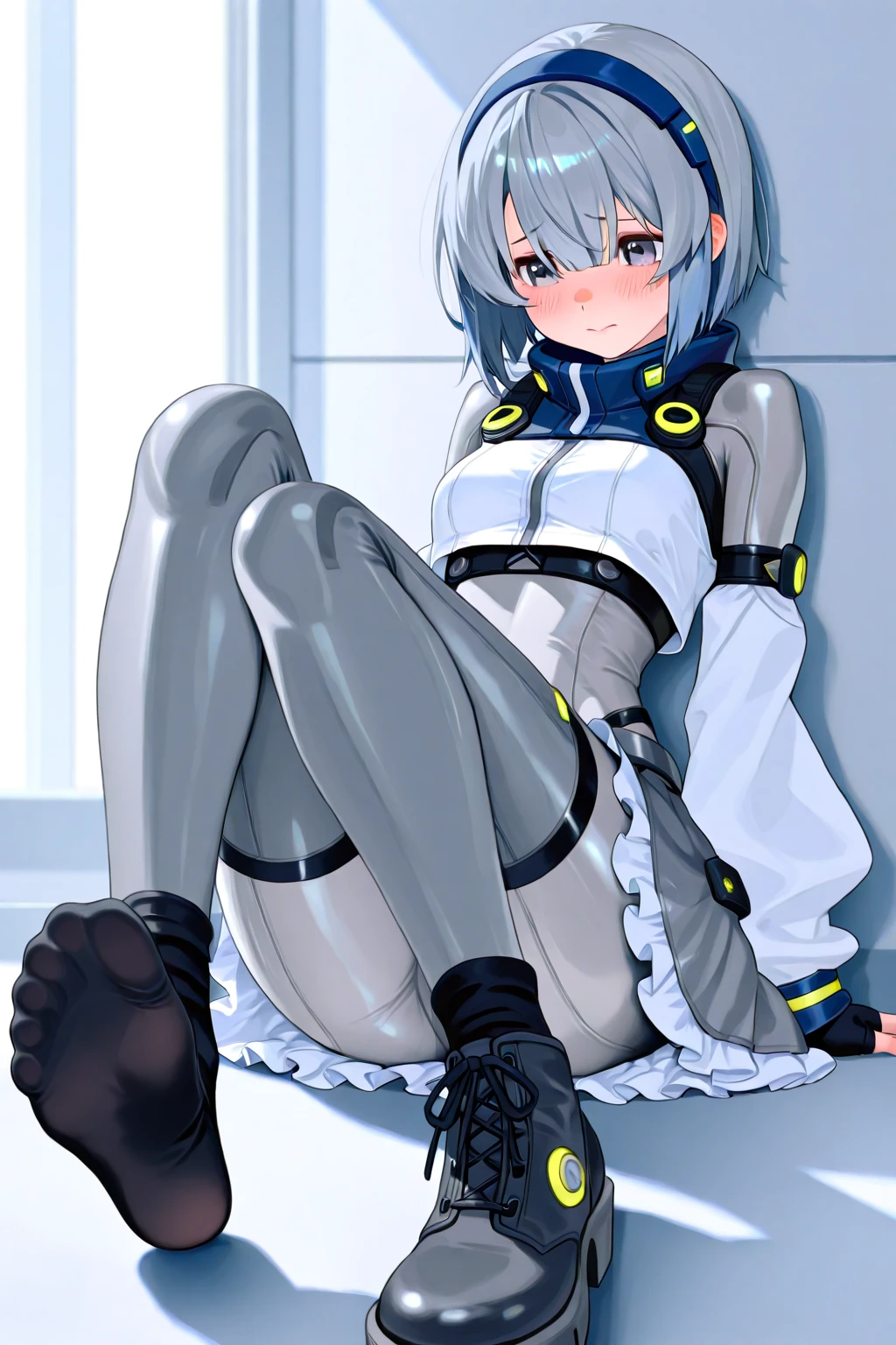 nsfw , Yashiro Kasumi , (((highres official art))) , (((1girl))) , white hair , blue eyes , long hair , twintails , fake rabbit ears , blush , shy , squatting girl, spread legs, after sex, pussy, cum drip, cum in pussy, sweat, outdoor,