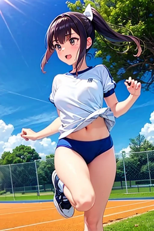(masutepiece:1.2), (Best Quality:1.1), (hyper detailed illustration),(beautiful artwork),(Extreme Detail CG Unity 8K wallpaper、masterpiece、top-quality)、(exquisite lighting and shadow、highly dramatic picture、cinematic lens effects)、hi-school girl, (Tight athletics uniforms), 1girl in, (Buruma:1.2), ,Solo, Looking at Viewer, breasts, , Black hair, , Brown eyes, day, A big smile, Small breasts, Bangs,Dutch Angle,(straggling hair),(hime-cut:1.2), ground,(Dark blue bloomers), (Track and field uniform),(Pony tail),(athletic field:1.2),(tight uniform)