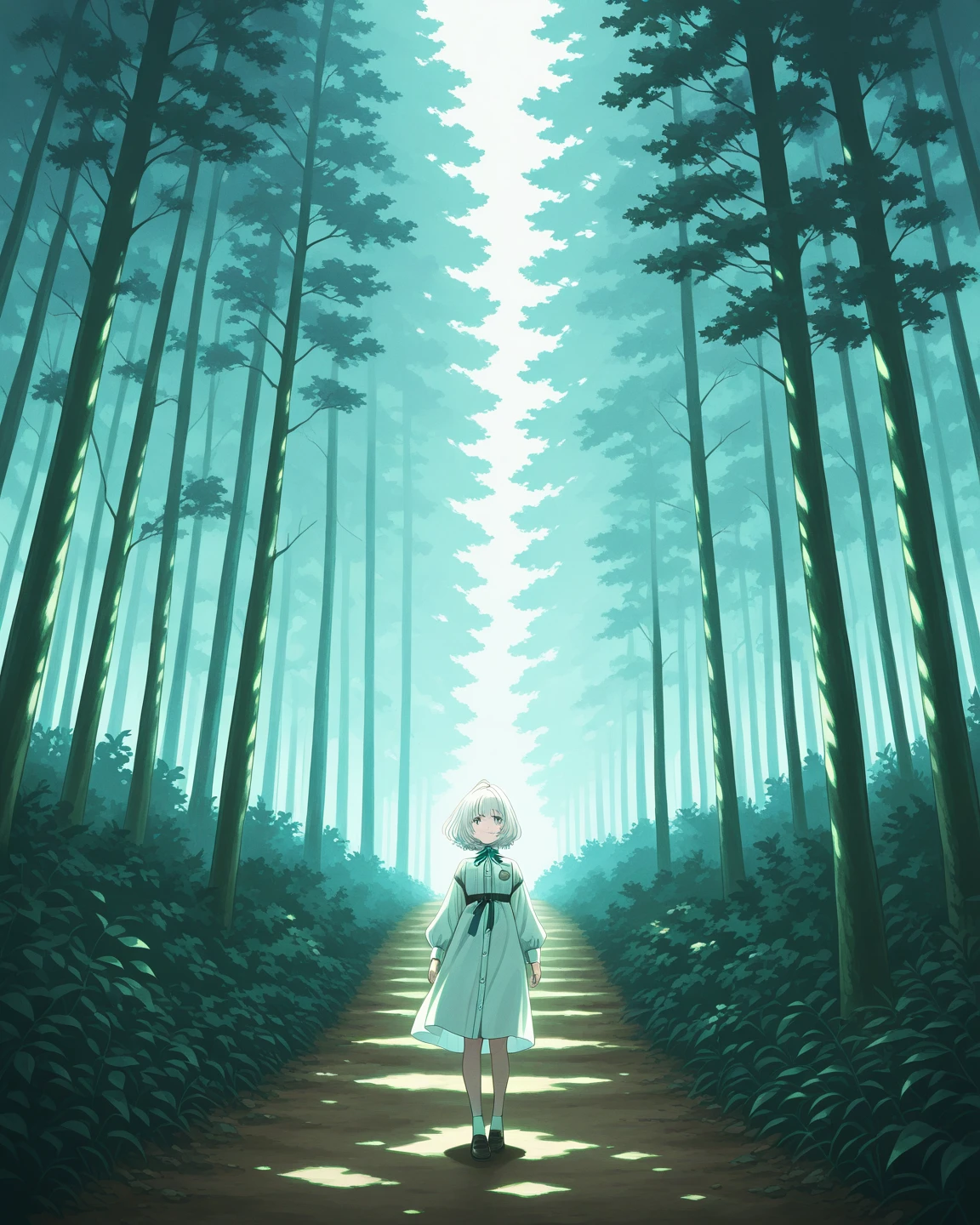 "In a vibrant, sunlit forest, a young female adventurer with short, white hair stands looking back over her shoulder. She has a determined and friendly expression on her face, with eyes filled with curiosity and confidence. She is wearing a green cloak that flows gracefully in the breeze and a light tunic underneath. The forest is lush and full of tall trees with light filtering through the canopy, casting a beautiful, dappled pattern on the forest floor. The background is filled with shades of green, creating a lively and refreshing atmosphere. Her belt is adorned with various pouches and tools, indicating she is well-prepared for her journey. The overall scene captures a sense of exploration, adventure, and the beauty of nature."