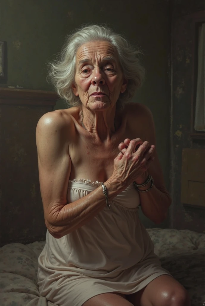 Ross Tran, Brian froud, tom bagshaw of a gentle elderly woman, with soft and intricate shading in her wrinkled face, capturing the weathered beauty of a long and fulfilling life, wearing transparent lingerie, full body