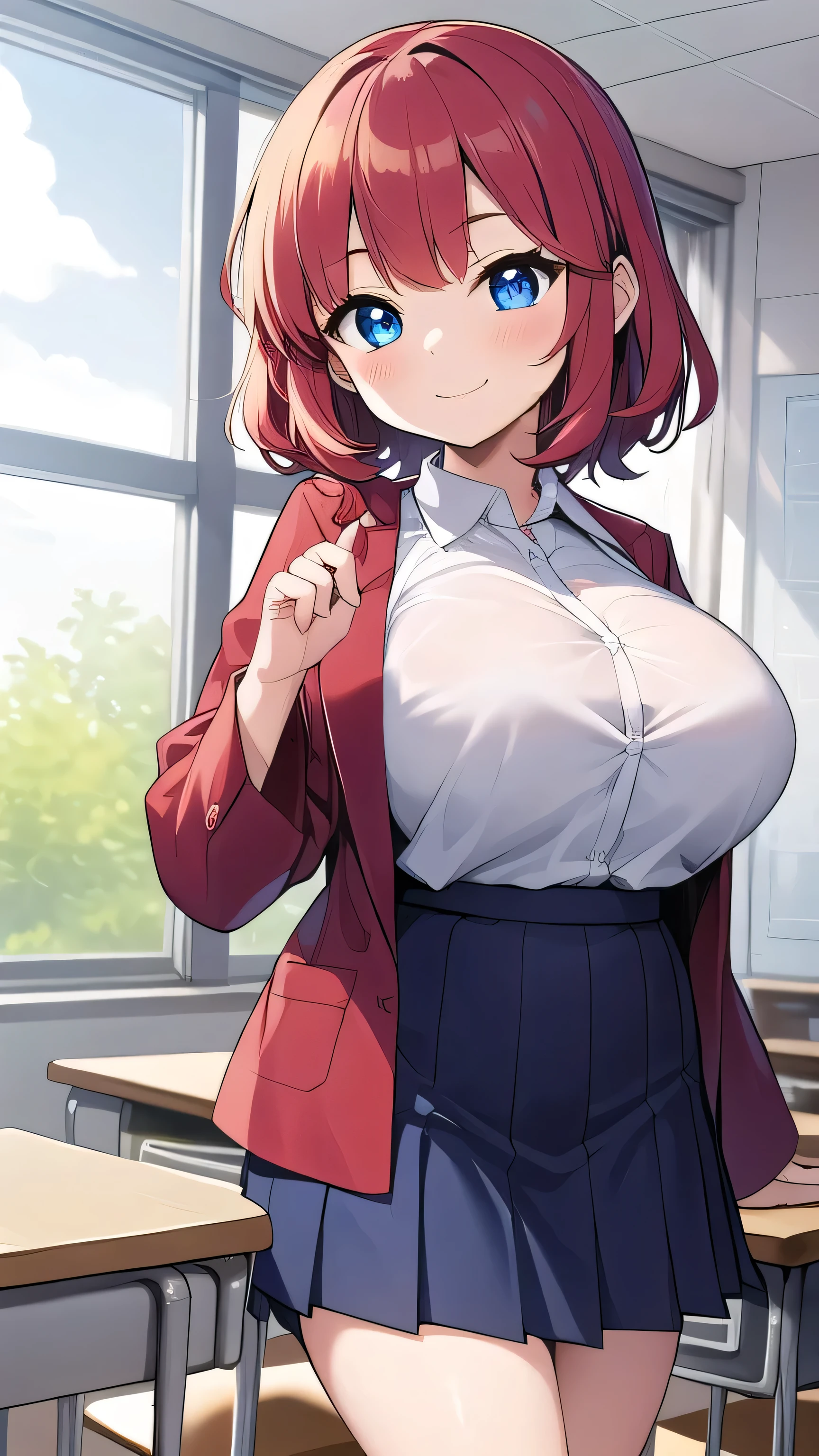 Big breasts, red hair, blue eyes, droopy eyes, red jacket, long sleeves, navy skirt, elementary school student, (super big breasts:1.1), (medium hair: 1), baggy clothes, elementary school student, young face, short height, 10 years old, old, shy Agari, smiling a little, trying to unbutton his shirt in the classroom, white shirt, soft hair，(straight hair:1.2)  , gentle smile, a little smile ，