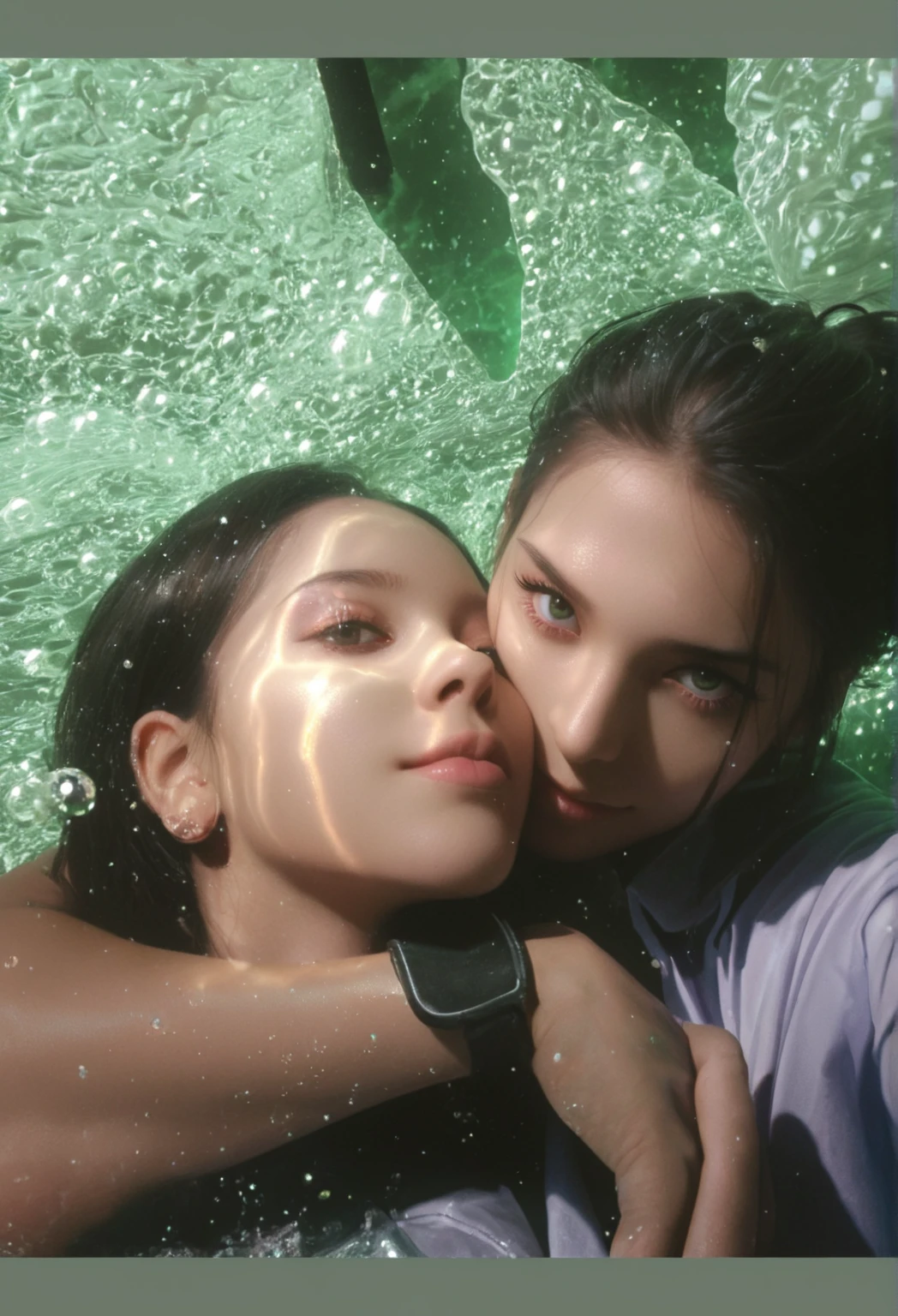 water, wet, splashing, liquid, sunny, day, blue sky, clouds, nature, natural setting, (character focus:1.1), sharp focus, realistic, highly detailed, ultra detailed, best quality, highest quality, realistic lighting, hyperdetailed, hyperrealism, greg rutkowski, (two heads, conjoined_dicephalus), (kissing:1.4), eyes closing, massive breasts, a woman, billieeilish, black hair, perfectly smooth breasts, completely naked, intimate, seductive look