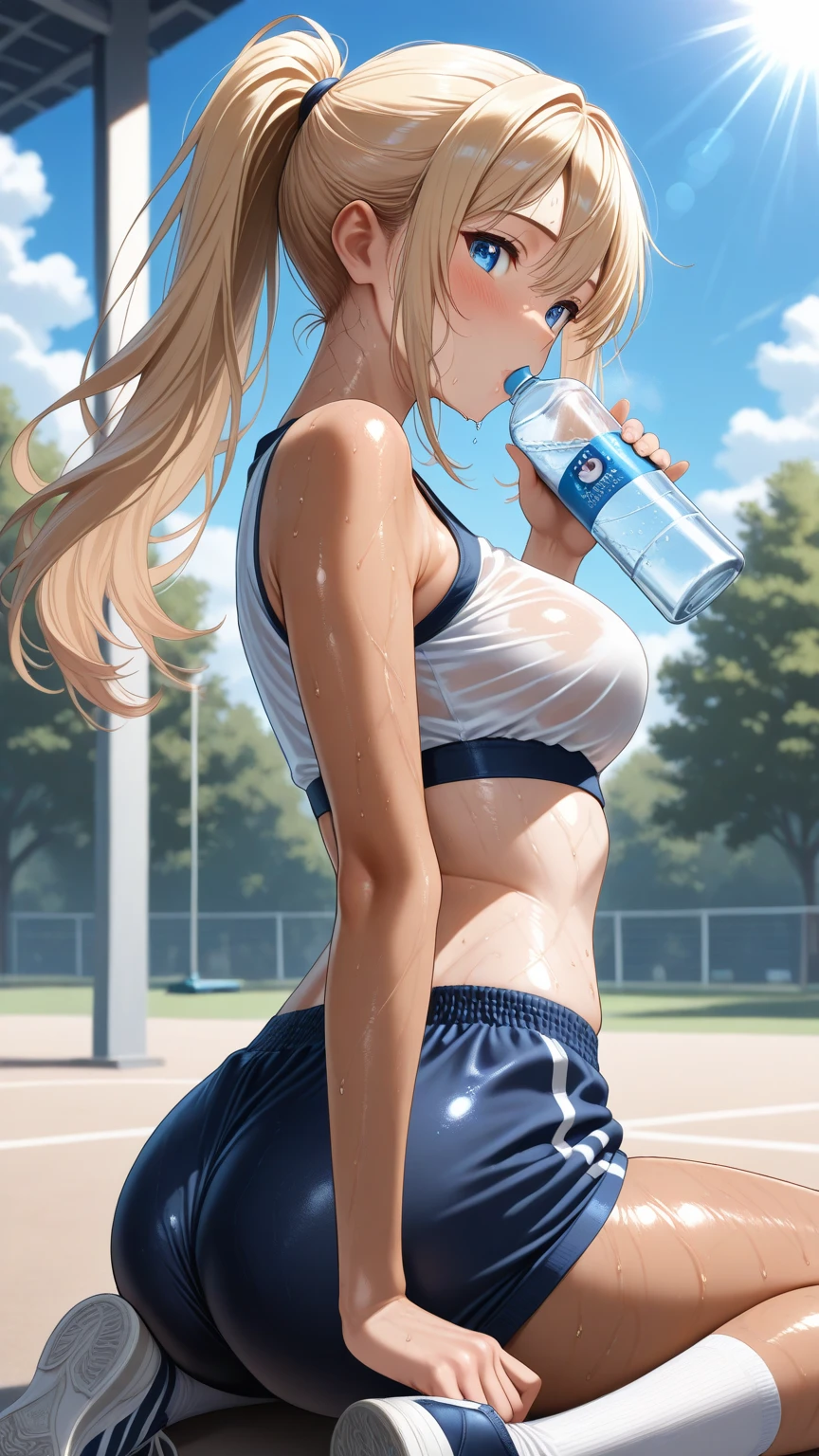 1girl、(((best quality)), ((masterpiece)), (details), masterpiece, best quality, high quality, ulutra detailed, perfect face, ((1girl, blond eyes, tiger ears: 1.3 blond long hair: 2.5,Mole under left eye:2.0))、Shiny Hair、Glowing Skin、Lustful look、Sideboob、Tank top、Swimsuit shorts、Waking up、living、Stay hydrated、Drink water、sunny、sun、Sweat