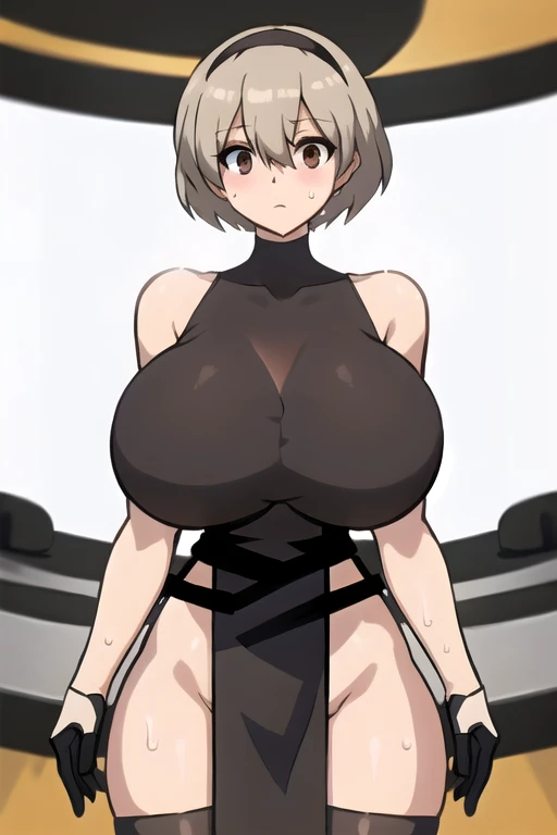 ((masterpiece)), (Highest quality), (detailed), (1 Girl),,Long white hair、、Rib Fabric,Long sleeve、Tight sleeveless turtleneck sweater、Beige sweater、black((Tight long skirt))、Huge breasts、Uzaki Moon、From the side