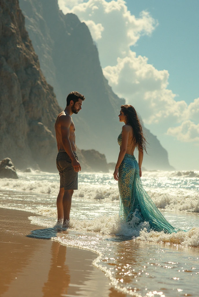The mermaid princess returning to the sea、A young, beardless human man runs into the sea and desperately tries to stop her.。The man is dressed both top and bottom.。The water is so high that the two of them are unable to see below the waist.。
