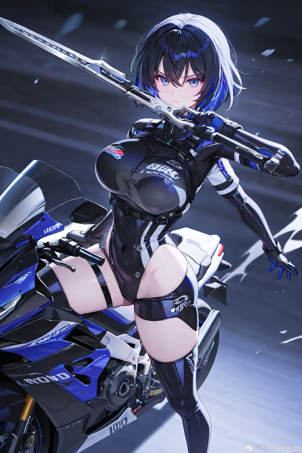 1 person,woman,Short bob hairstyle,Blue Hair,Blue Flame, Vortex of flames,wallpaper, Wind景,Depth of written boundary, night, Particles of light, light, Side light, Thighs,****, cloud,Gaze, Large Breasts, Golden Eyes, Horse ears, Bright smile,Open your mouth,Wind,Ride a blue motorcycle,vehicle,Driving,Straddle,Riders jacket,Riders pants,