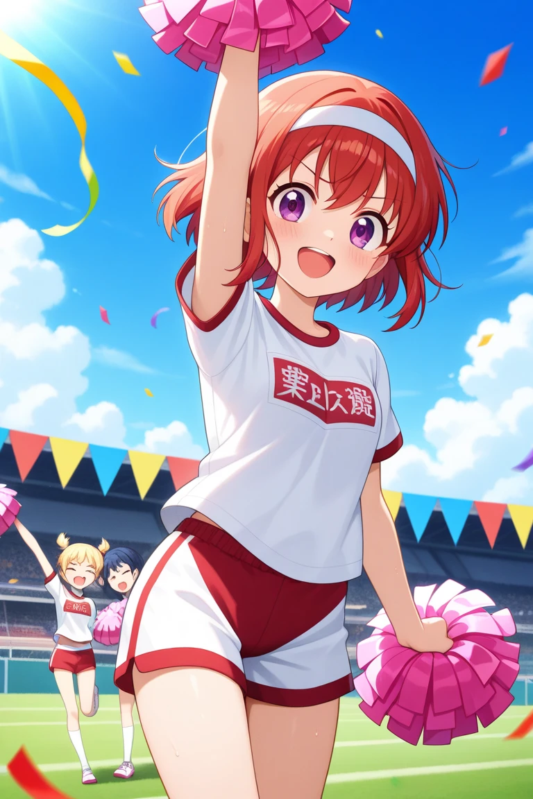 anime idol group, wearing rainbow color uniform,
(tomato hair 1girl are holding mic and singing a song in stadium, running around furiously),
(girls are singing around her:1.3),
daytime, sunshine,
(dynamic effects:1.3), (motion effects:1.3), dynamic hair,
masterpiece, crisp image,
finely detailed body, finely detailed hair, finely detailed face, finely detailed eyes,
highly detailed background