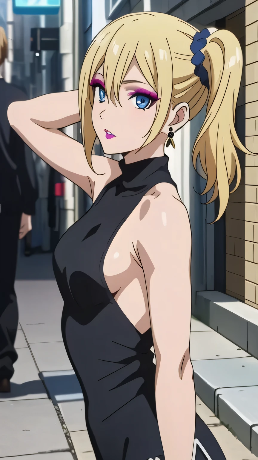 (masterpiece best quality, 8k:1.2), (anime coloring), high resolution, unity 8k wallpaper, (beautiful detailed eyes:1.2), extremely detailed face, perfect lighting, extremely detailed CG, beautiful eyes, perfect eyes, detailed eyes, distinctive big highlights, symmetrical eyes, hayasaka, blonde hair, blue eyes, hair scrunchie, side ponytail, scrunchie, hair ornaments, alone, hair between eyes, 1 girl, (small medium breast:1.2), (metal bracelets, earrings), (perfect hands, perfect anatomy), (sexy pose), (nffsw), (knit, turtleneck, sleeveless, off shoulder, ((sideboob:1.3)), street corner), (arms behind head), (makeup, false eyelashes, hair ornament, earrings, natural lip), looking at the viewer, in the center of the image, (face focus:1.2), dutch angle, 