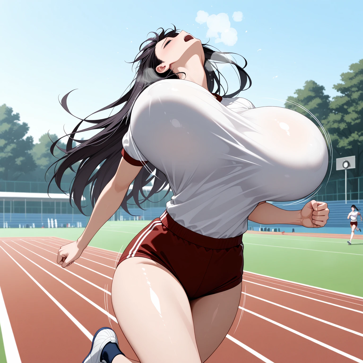 8k、Ultra-high resolution、Highest quality、masterpiece、Realistic、Ultra-high resolution、High-definition RAW color photos、Professional photos、real、photo realistic、(Always big breasts、Definitely a pretty big bust、cleavage)、Vivid lighting、Natural skin texture、Fine skin、Hyperrealism、Intricate details、Depth of written boundary、Adult women、masterpiece、Highest quality、High Detail、Eye highlights、Lip gloss、((Cute smile、((Chignon,Short Hair))、Marathon runner、Streets of skyscrapers,Drive in the center of the road、Dark gray separate uniform for track and field athletes、redSports Bloomers、(Full body running pose):1.5))、running shoes、((running、Must-have red high leg bloomers for competitions,(Crowds along the road,Lots of runners):1.6)),(athletic female,running,Sprinting,((Erect nipples)),wet clothes,sweating:1.35)