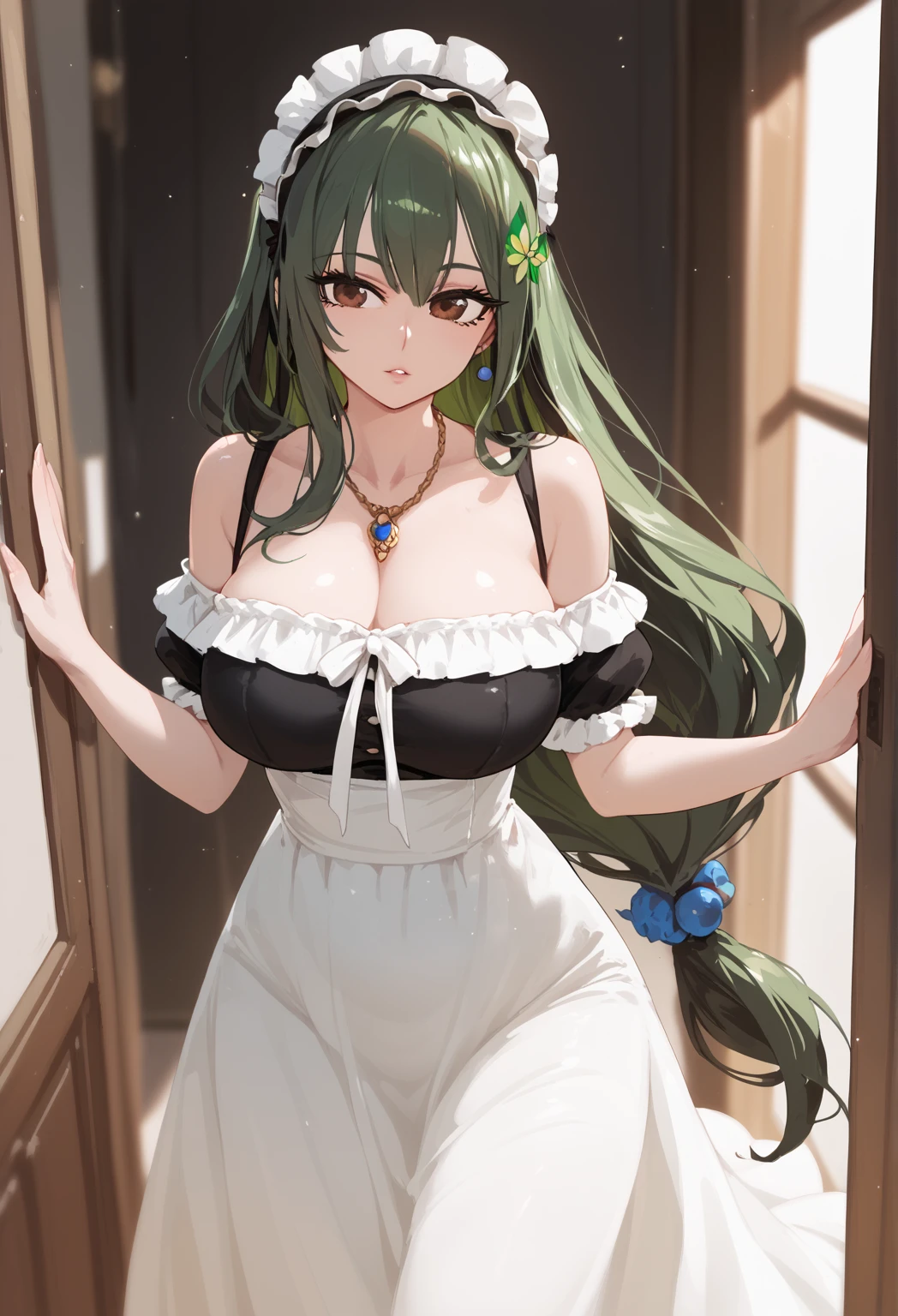 Girl with long green hair, Small breasts, Green Eyes, White Casual Wear Beauty Special、(((tits))),Full body photo from head to toe、A dignified atmosphere、Sweet gestures、、Alluring face、Functional、lure、Taunt、Attractive adult woman、Confident expression、Sharp Eyes