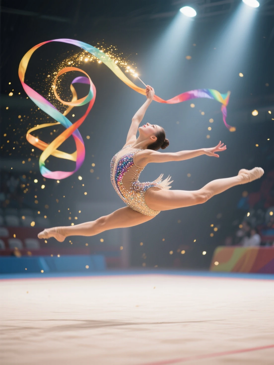 A photo of a rhythmic gymnast jumping high into the air with her legs spread apart, 
(((jumping))), 

Athlete in a dynamic pose,
The overall atmosphere is energetic and exciting,
High quality with clear details and vibrant colors,
(((intricate detailed Rhythmic gymnastics uniform with a gorgeous design))),
Arms, legs and core muscles are clearly defined,
In the gym,

Athlete, dynamic pose, strength, agility, muscular, jump, blurred background, energetic, exciting,