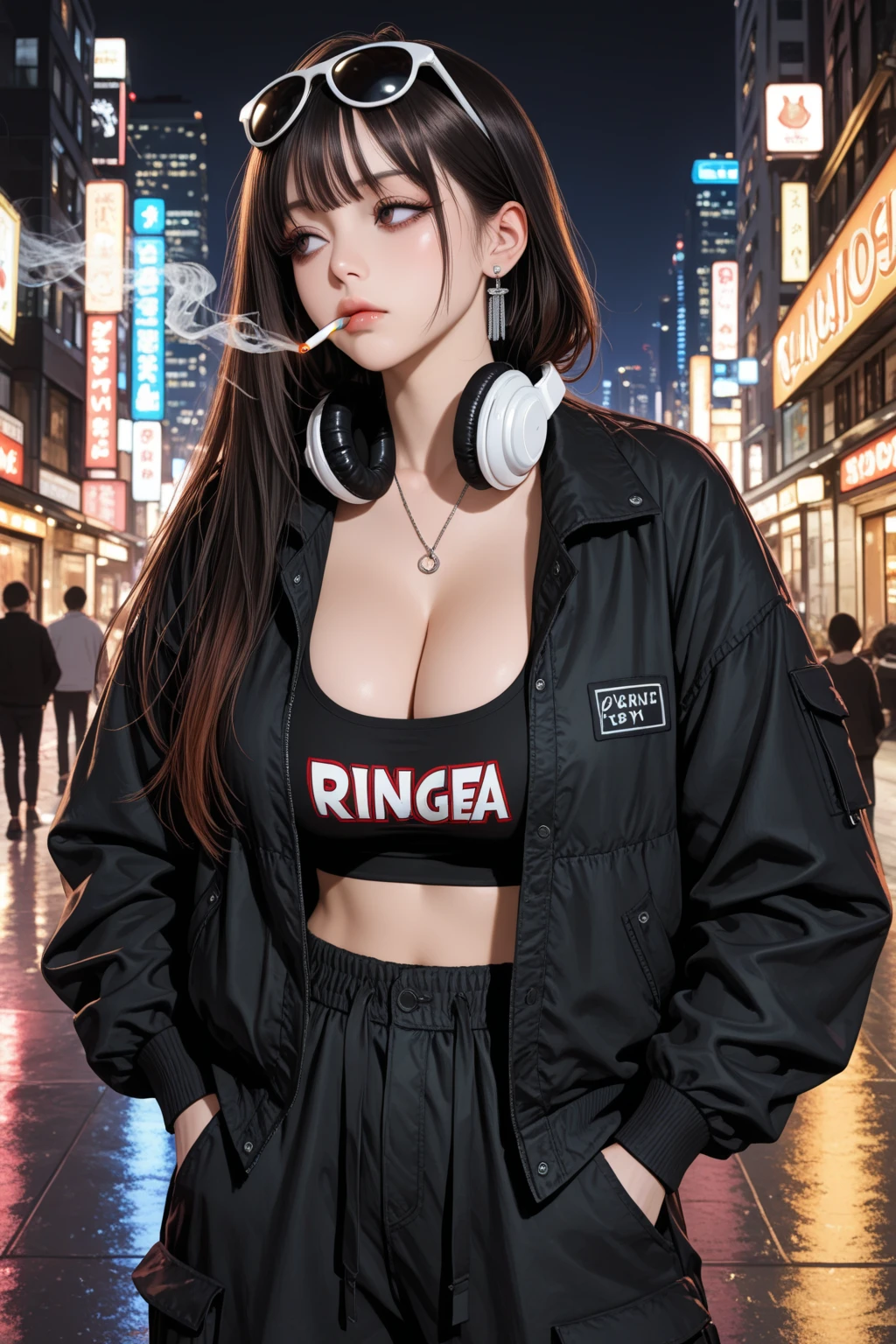 female character, revolutionary, communist, microphone, headphones, working computer, room, dim light, lamp, Cyber ​​Punk, frontal position, night, bluish environment with orange lights. Windows open, view of the city through the window. more realistic hair, glasses, more comfortable clothes, night city, underwear, improve hand details, somente cinco dedos em cada mão
