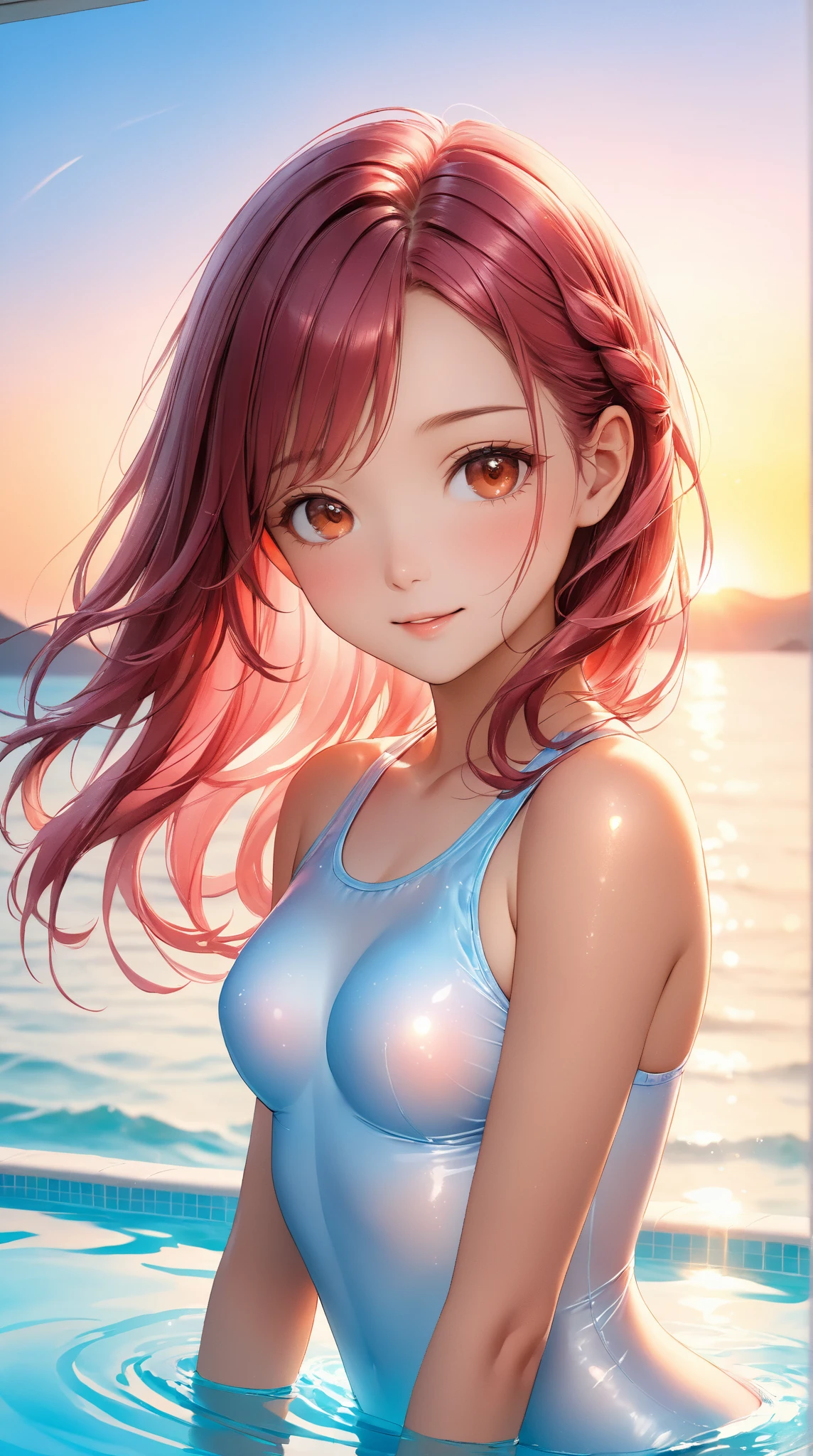 Official art、Top quality ultra-detailed CG art、a beauty girl：１.２）、red hairs、Glossy hair、smooth hair、large blue eyes,Mid summer、kawaii、The sky is beautiful、medium cut、White competitive swimsuit、Smooth clothes、ssmile、It features a simple、Ecchi