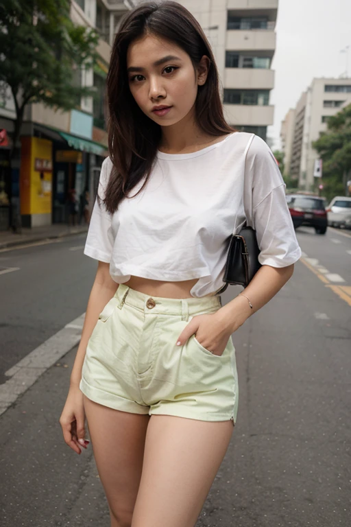 (1 female: 1.3), solo, _Kim Ji-ni Jennie face, wearing a light green T-shirt, light green shorts, sexy, cute, white legs, full body photo, looking at the audience, world-weary face, cold eyes, Korean photo photo