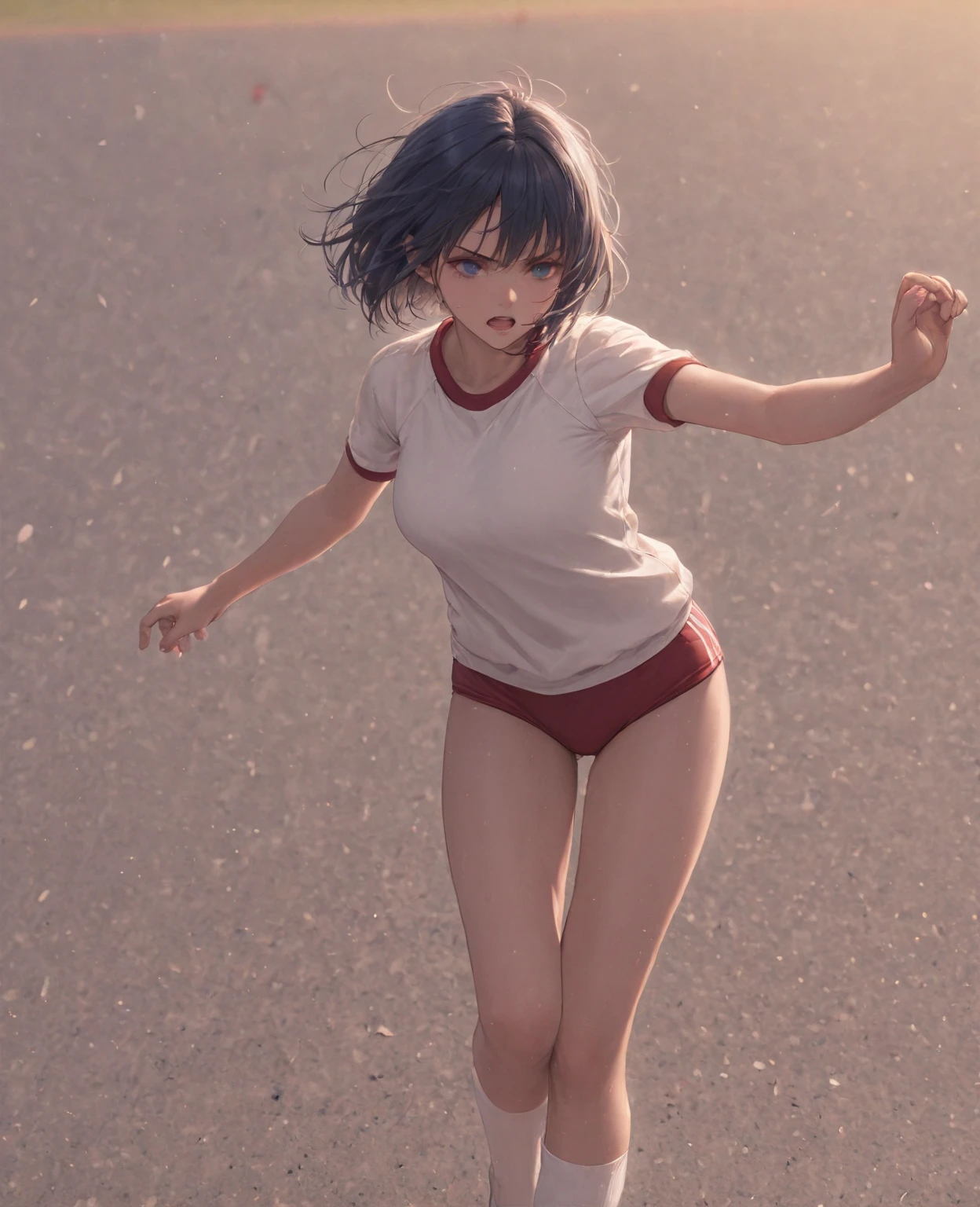 (solo), skinny girl standing in primary school, arms behind back, (very short tight brm), (thigh gap:1.2), (gym uniform), (swaying back), (show off cameltoe for viewer:1.2), (bursting huge breasts:1.2), (disproportionately huge breasts), BREAK, long (skinny legs), BREAK, school buildings in background, BREAK, nsfw, orgasm, expressionless, coverd erectile nipples, (coverd erectile clitoris:1.2), (brm digging deep into cameltoe), (blood dripping down on thighs from cameltoe:1.5)