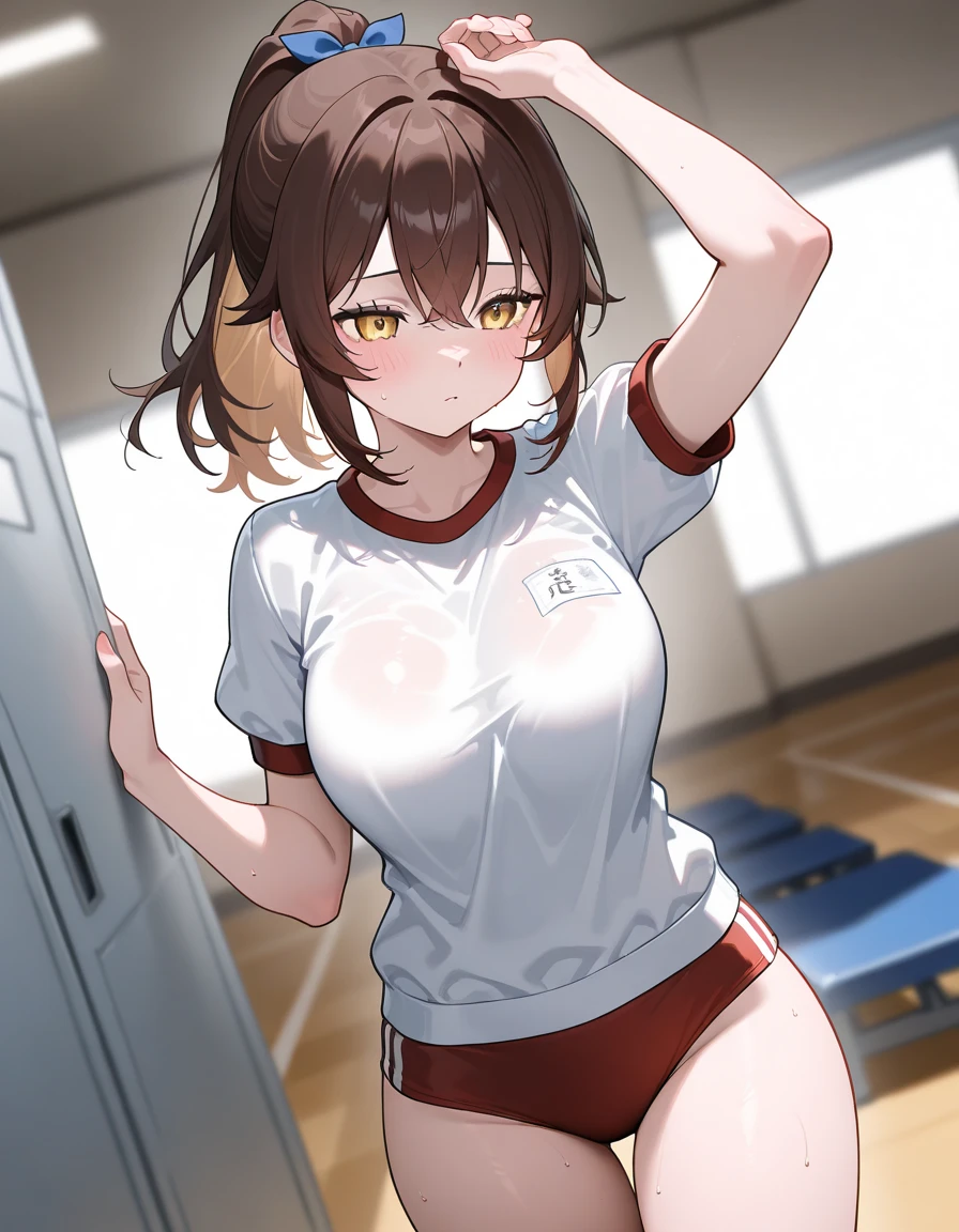 NSFW　(Highest quality:1.5, High resolution, uhd, 4K, Detailed lighting, Shaders), ((Misaka Mikoto)) ,solo short hair　Brown Hair　Brown eyes　Cool face　　Volleyball Uniforms　Realistic gym　 Sweat　Super oily skin　　Preparing for exercise　No ball　No sleeve　Cowboy Shot: Realistic locker room　blush　depressed　Face distorted by pleasure　Resisting Pleasure　Blushing cheeks　wet Nipples licked　Overflowing body fluids　Spurting body fluids　((0 Close your eyes and lean back)) (((???????)))++　Completely naked　topless