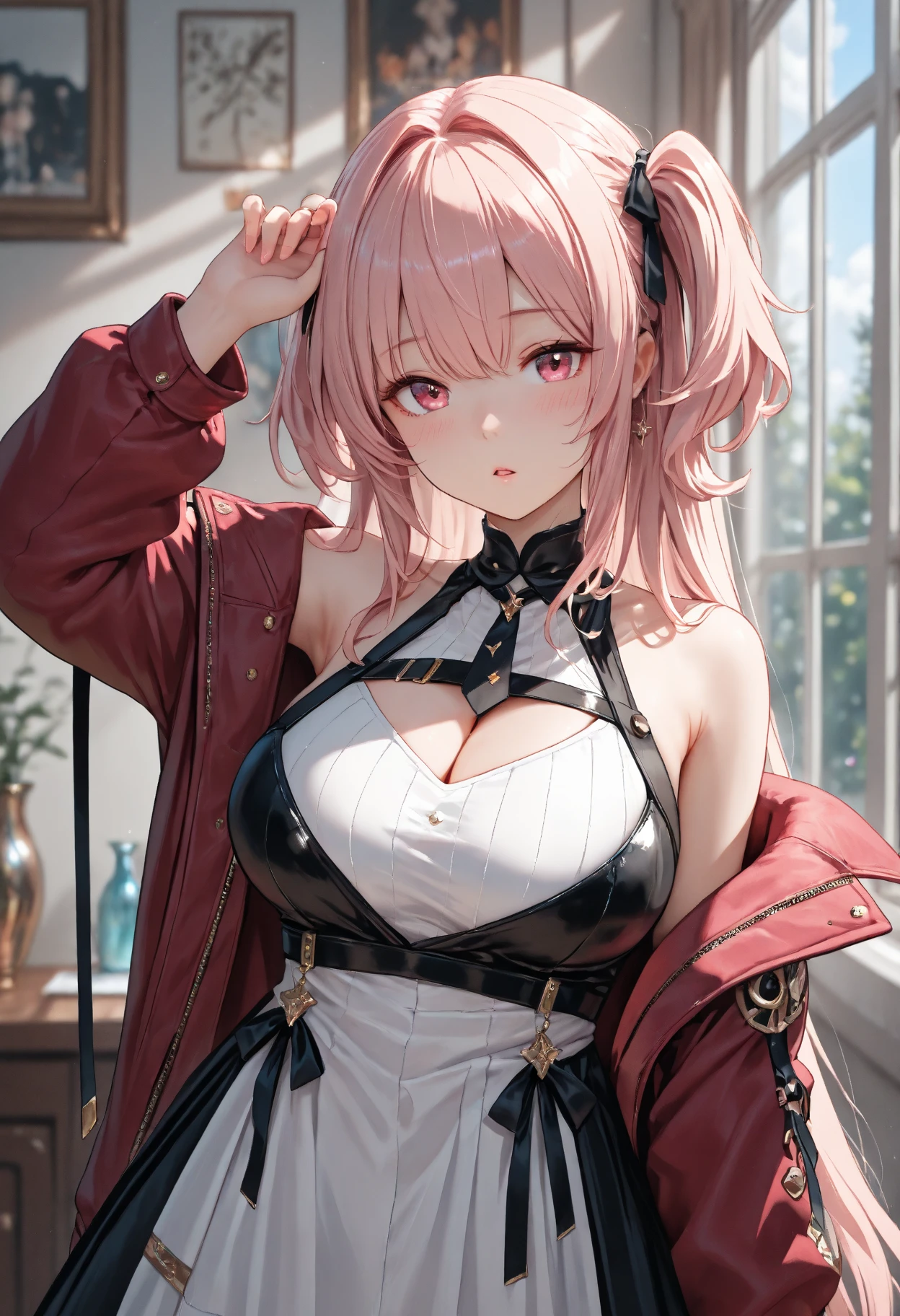 8K, surreal, master piece, best quality, super detailed, High resolution, random background, 1 huge breasts, (:1.5), Willow Yao, wide hips, knees, night , 's, choker necklace, Ear Nipple Ring