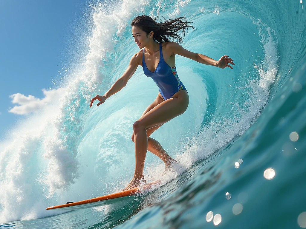 (Beautiful surfer riding surfboard in wave tunnel:1.3), 8k, wallpaper of extremely detailed CG unit, masterpiece, high resolution, top-quality, top-quality real texture skin, hyper Realistic, increase the resolution, RAW photos, best quality, highly detailed, the wallpaper, cinematic lighting, ray trace, golden ratio, BREAK ,solo,1girl, cute, kawaii, very attractive,1, Japanese Idol, (gentle smile like a goddess), (big well-shaped breasts, beautiful), (Brazilian high cut micro tight black bikini), (very wet), (Inverted-Bob hair, wet, shiny), (Ultra-high resolution eye), (bikini tan), surfer, ((riding surfboard:1.4), on the wave, wet skin, (dynamic pose:1.2), (riding surfboad:1.5), BREAK , background, ((big wave, (rolling, beautiful, clear, (motion blur:0.5)):1.5), beautiful sea, (whitecaps), clean ocean, golden hour, water splash, (you can see the wind blowing), (dynamic angle:1.4),(Close up:1.2),