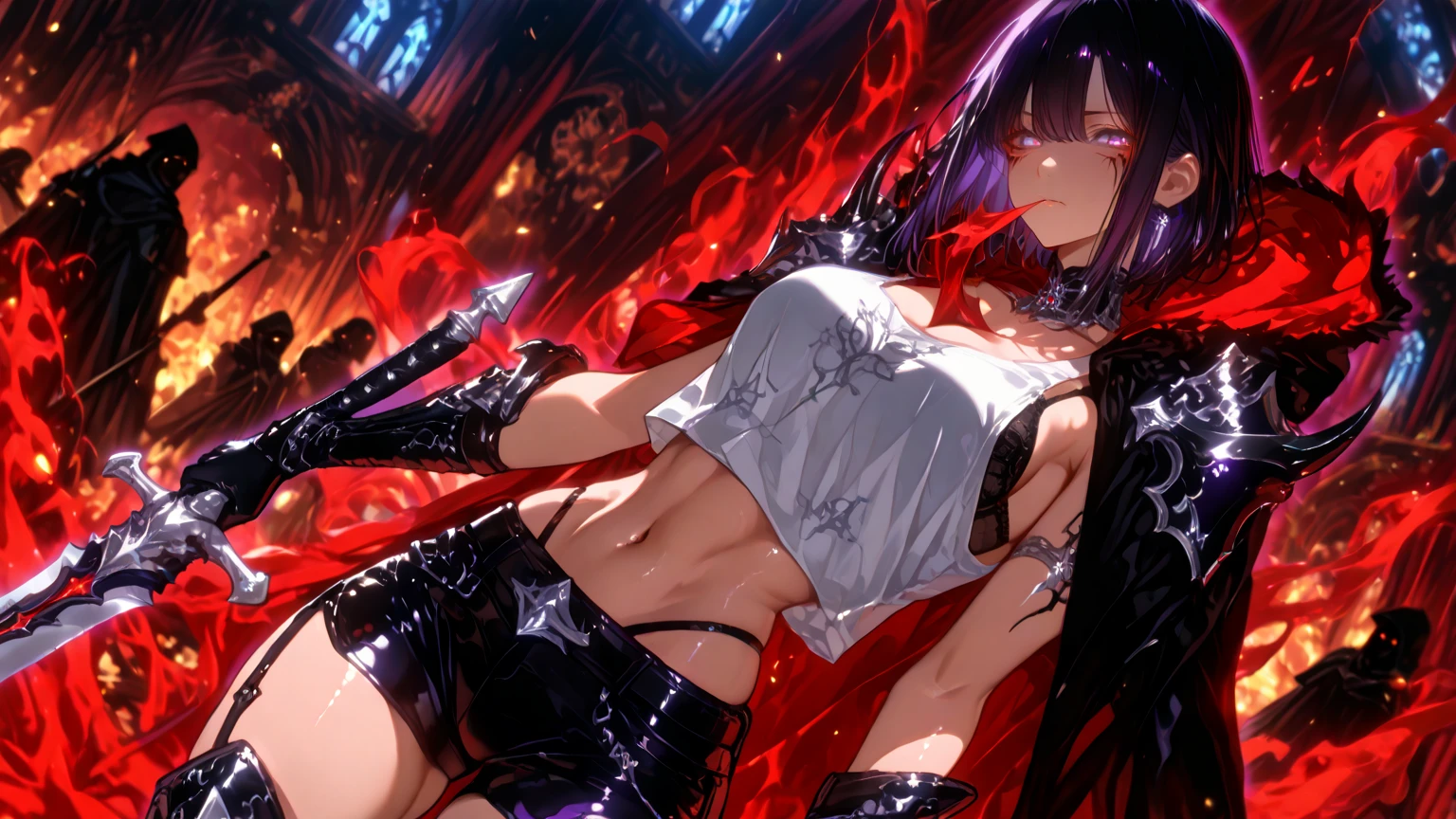 kusanagi motoko, Purple colored hair, red eyes,Anime style woman wearing black tights， anime《Fantasma na Concha》Curly, kusanagi, Misato Katsuragi, Inspired by Morikage Hisumi, anime, Fantasma na Concha, Ghost in the Shell style,seductive anime girls, large breasts, squeezing her breast together, hands pushing her breast together, Anime cute art style, smooth anime cg art, thicc, Anime girl wearing thong, round buttocks, horny, photorealistic anime girl rendering, ECCHI anime style, realistic anime 3D style, attractive anime girls, noire moody scene, [ 4K digital art ]!!
