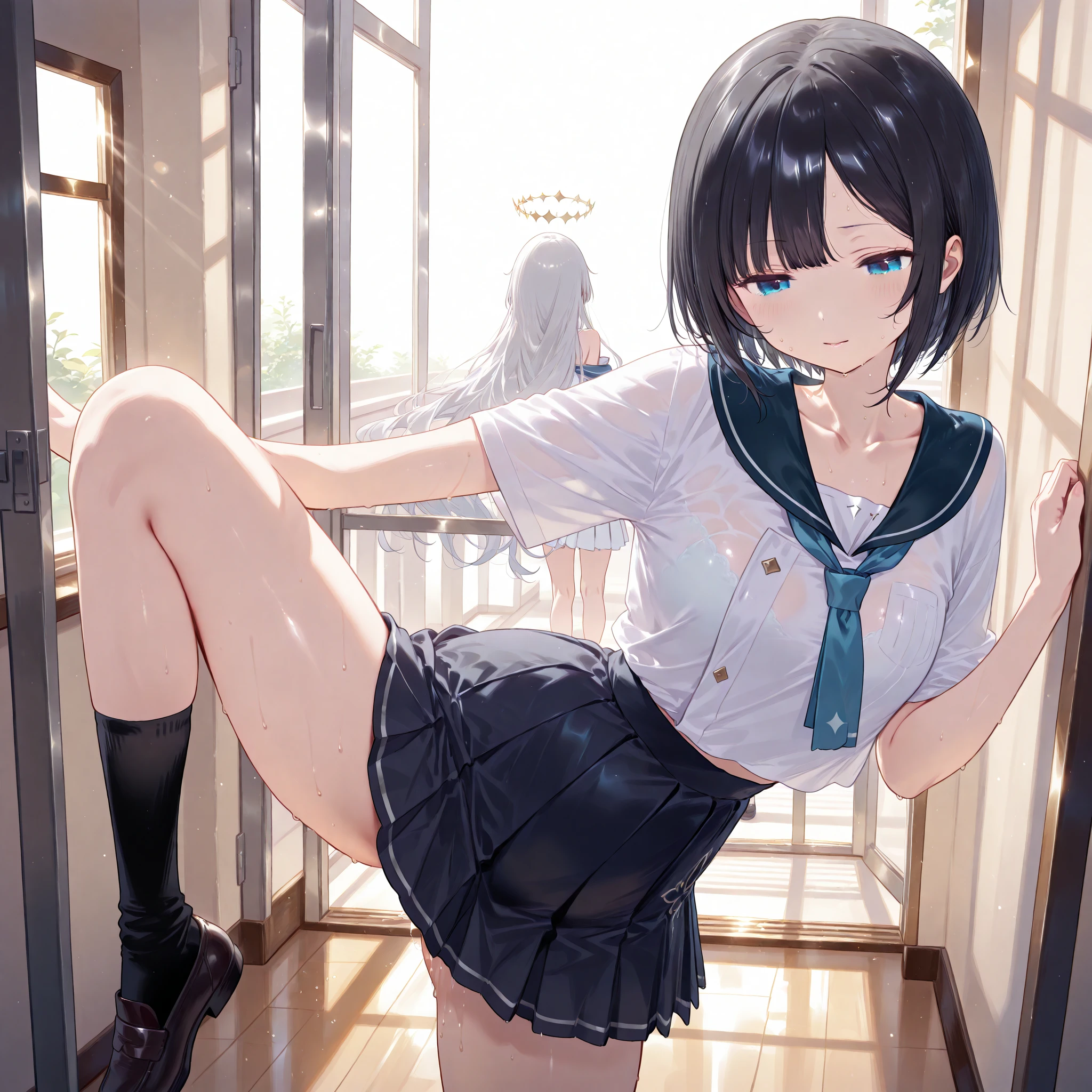 ８Year old girl, naked, Small breasts, Patterned cotton panties, Fabric Realism, Black Hair, No jacket, Abandoned school building at night