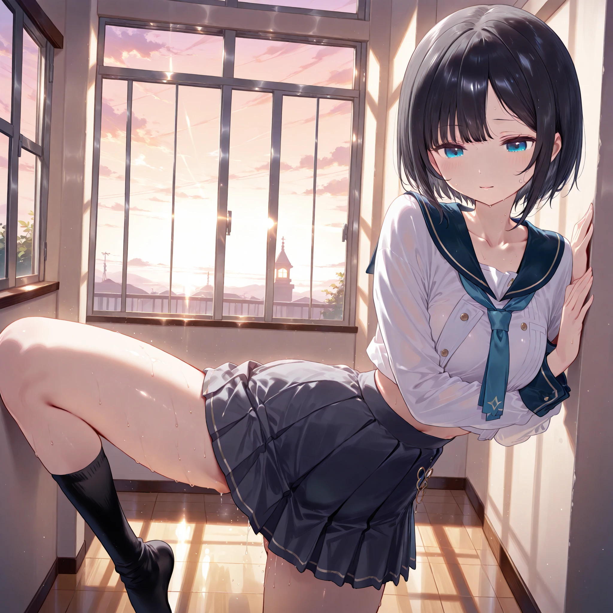 (masterpiece, extremely detailed 8k CG, Intricate detail, thin sharp line:1.1), highest detailed, Straight in shot, Straight in middle, 1 cute girl, cute, colorful, beautiful japanese anime style innocent big eyes, light brown short hair, ((high school uniform)), navy blue pleated skirt, (BLUE Tie), blue eyes, wet and see through, (shirt wet and snugly attached to the body:1.5),
hard Nipple erection:1.4, Through nipple, looking at viewer, thin waist, perfect glossy skin, shy, (medium breasts), upper body, from below, cameltoe:1.3, white thong t back panties, skirt lift:1.2, (thong panties cut very deep into cameltoe), (thong panties cut deep into the cleft lip), city street, sun, cloud, wall, leaning, perfect proportion:1.2, legs open: 1.2,