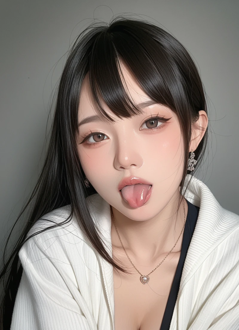 masterpiece,best qualtiy,anime,FellatioGesture,fellatio_gesture,1girl,blush,open_mouth,tongue_out,white sweater,small breast, Half-clenched fist