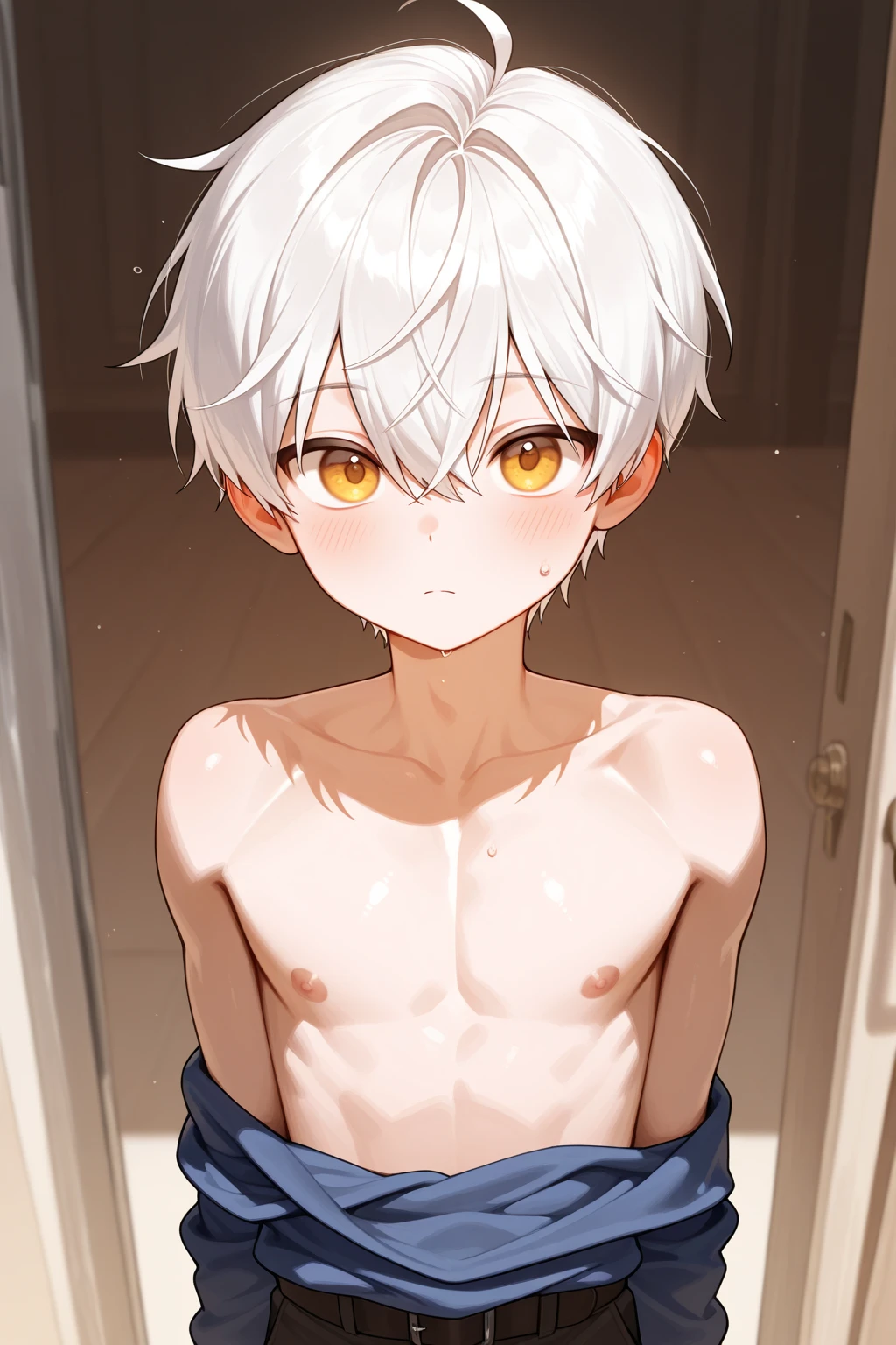 Cute 12 year old boy with pinkish white skin, Short black hair, Red eyes, wear black shorts. shirtless