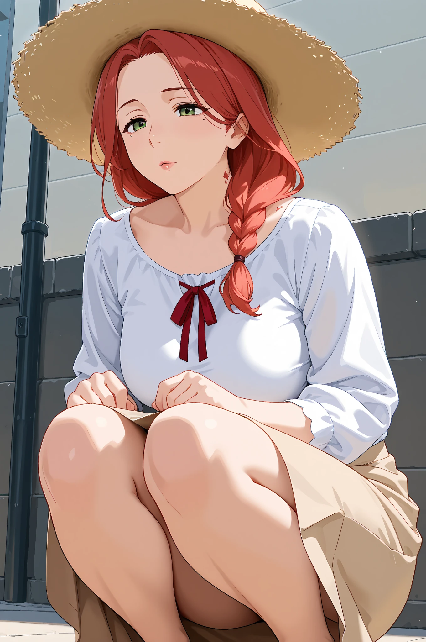 masterpiece, best quality, highres, detailed beautiful face,
1girl, solo, looking at viewer, sitting, leaning forward, head tilt, wavy hair, red eyes, red hair, long hair, frown, hair over one eye, shirt, navel, x hair ornament, cleavage, midriff, breasts, large breasts,
miniskirt, skirt, crop top, groin, plaid, red skirt, plaid skirt, brown footwear, sleeves rolled up, clenched hands, yellow shirt, tied shirt,
<lora:LoRA_Yui:1>, blush, field, grass, forest, sunlight, cloudy,