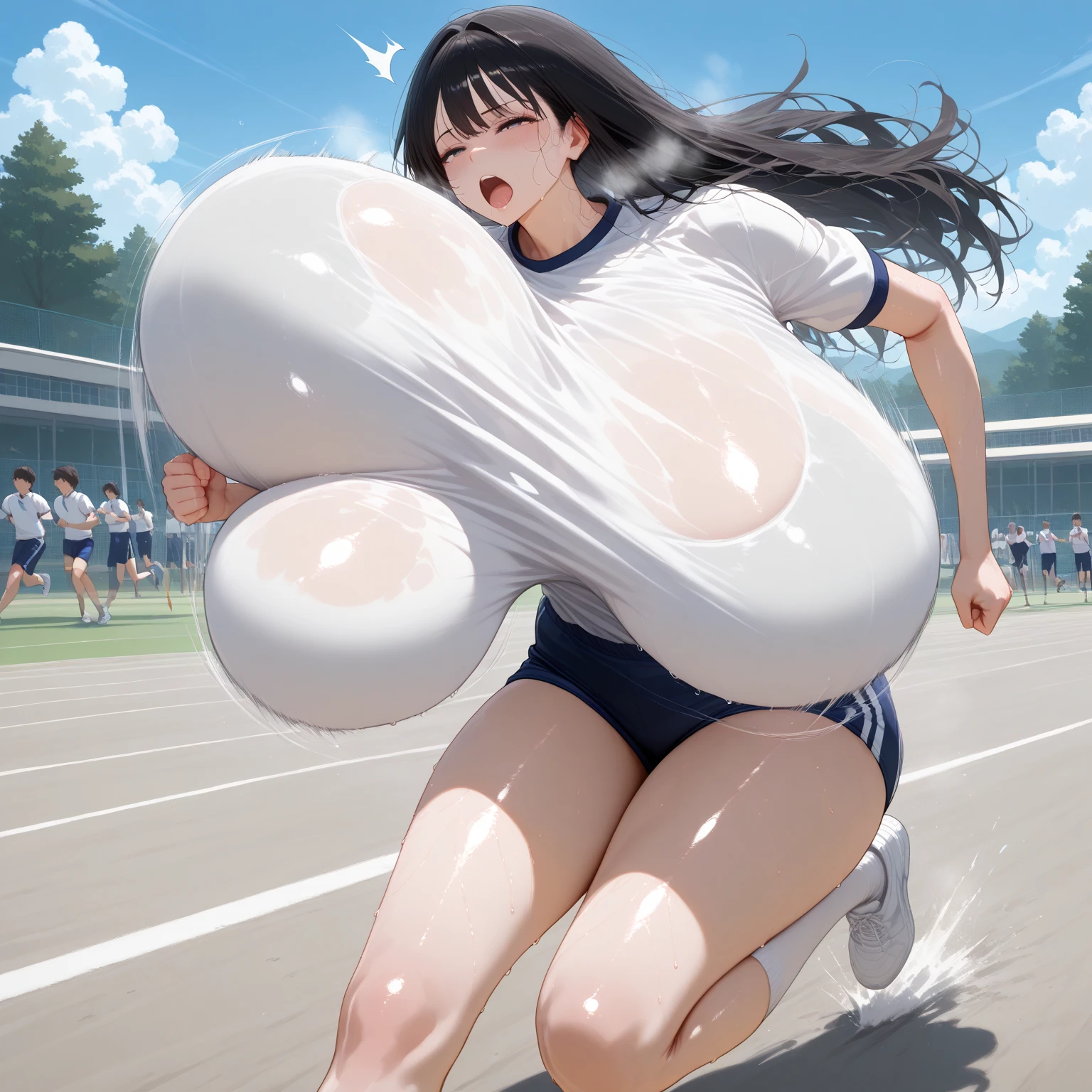masterpiece, Highest quality, Nico_Yazawa,High resolution, 1 Girl, alone, Brown Hair, short hair, Twin tails、Purple eyes,  , , (Cleavage)、(Beautiful thighs), Carrying a red backpack, (randoseru backpack:1.2) Sweaty、Thick thighs、Highest quality、4K、1girl, 8years old, loli, cute, grin, 、、on the train、、、Thick thighs、Men holding their penises and surrounding girls、Semen from the penis、Bukkake、Bukkake、（Bukkake）projectile cum、Blowjob、Lots of spectators、Ahegao、low length、Sportswear