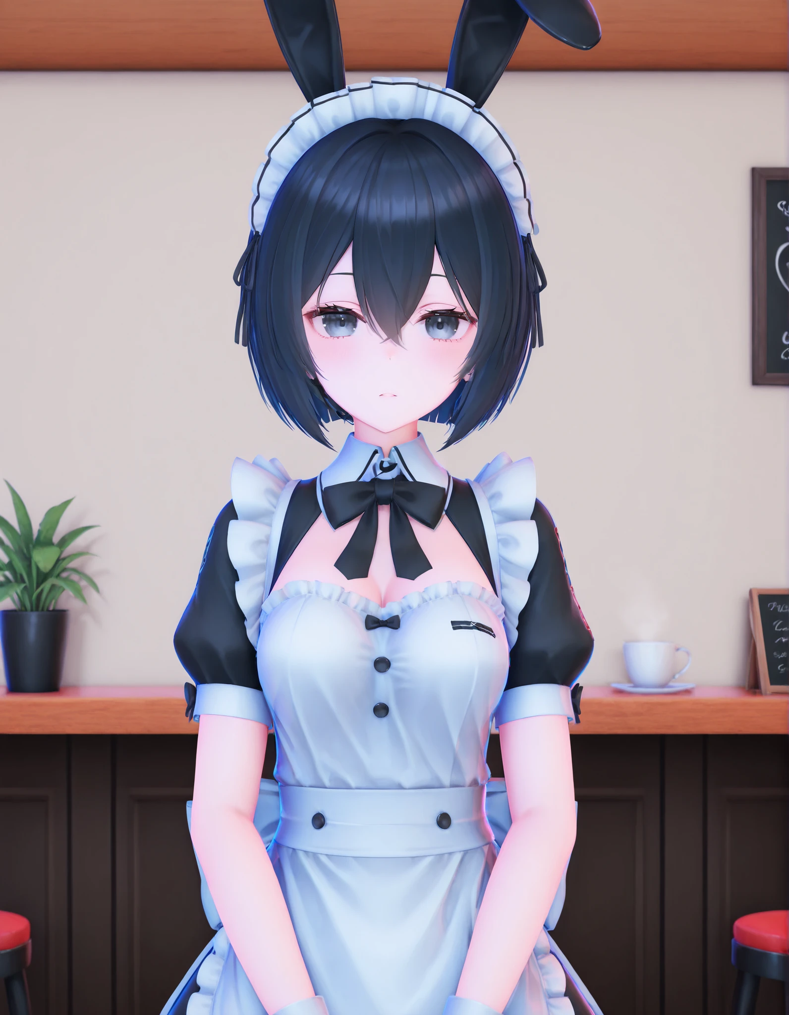 MMD,3D,, solo, Maya Hell,black eyes,dark hair,bob cut,Maid Outfit、White Apron、White Headdress、 with rabbit ears、cafe,
