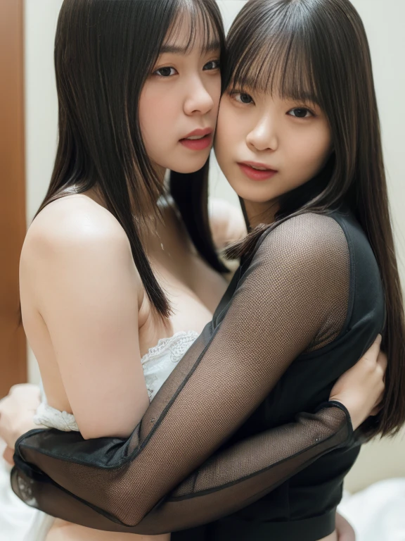Two 12 year old high school girls., open mouth vampires with fangs, long straight black hair,totally naked without clothes,erect nipples,big breasts, thin waist, long and shapely legs,in a dark room in the castle,Red curtains,swords on the wall,Spider webs, lying on the bed open with both legs ,Burning torches on the wall illuminating the room. ,ultra detailed, 8k quality