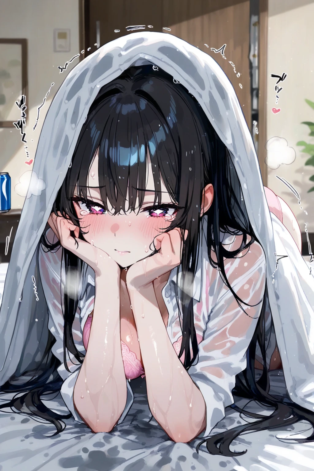 ((Best Quality)), ((masterpiece)), (detailed), 1 girl, black hair, long, Hair covers half of the face, Red eyes, big breasts, big thighs, shy expression, blushing, gray skin, White dress, at home, sitting on the couch, with pain, covering his face with a book