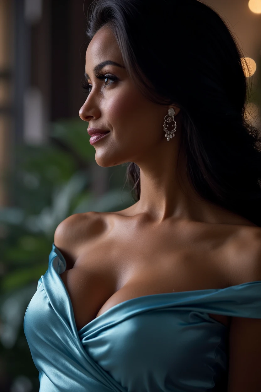 Caterina Murino wearing comfortable clothes with huge cleavage and smiling