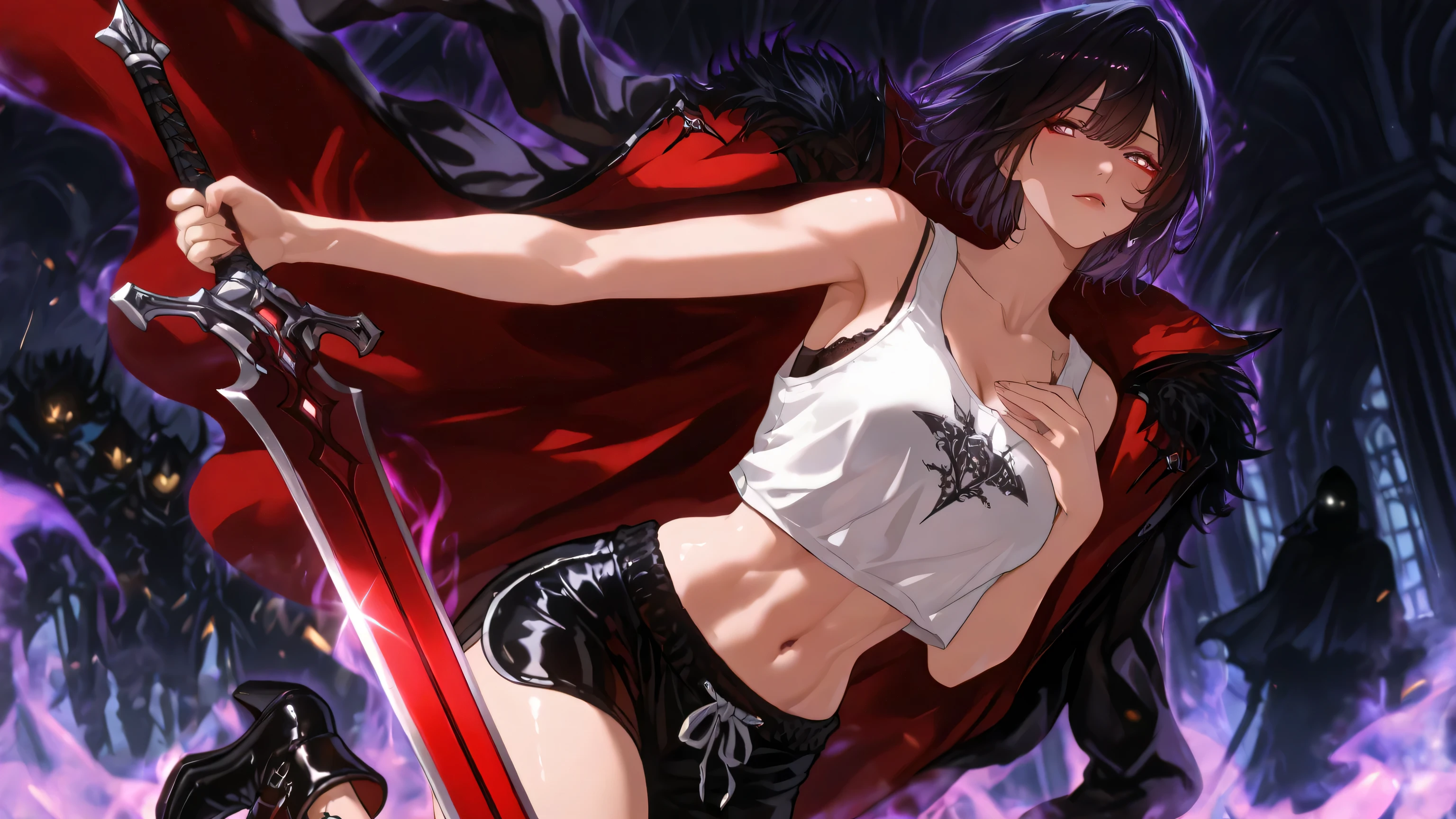Glowing eyes, aura, silhouette, ,raise a sword,SLshdw,
The image is a digital illustration of an anime-style character, focusing on the upper body and face, exuding a seductive and intense aura. The character is a tall, slender young woman with a toned physique and sharp, angular facial features. Her skin is fair, and her expression is serious, conveying a sense of desire. Her long, luxurious, straight black hair reaches her waist, left loose with a few strands framing her face. Her dark purple eyes are striking, wide, and intense, reflecting determination and a hint of intrigue, accentuated by subtle makeup that enhances her sharp features. Her mouth is slightly parted as if she is about to speak or gasp.

She is dressed in a sleek, modern outfit that complements her dynamic presence. She wears a loose-fitting white tank top that covers her navel and is slightly sheer, revealing the outline of a black bra underneath, adding a bold and provocative touch to her look. The tank top is paired with black athletic shorts that emphasize her agility and confidence. Instead of a cape, she now wears a glossy black mantle that drapes over her shoulders and down her back, its fabric heavier and more voluminous than a cape, with deep folds that add a sense of drama and mystery. The mantle faintly shimmers, catching the light, and lends a majestic, almost magical quality to her appearance. On her feet, she wears black heeled ankle boots, enhancing her tall, elegant stature with a touch of sophistication.

In her hands, she wields a pair of large, red, curved daggers, gripping one in each hand and holding them crossed diagonally across her chest. The daggers have a faint crimson glow emanating from them, illuminating her face and outfit with a warm, dangerous light. The blades are detailed with intricate silver etchings, and the hilts are wrapped in dark purple fabric that matches her eyes, tying her design together cohesively. A subtle dark purple aura ema