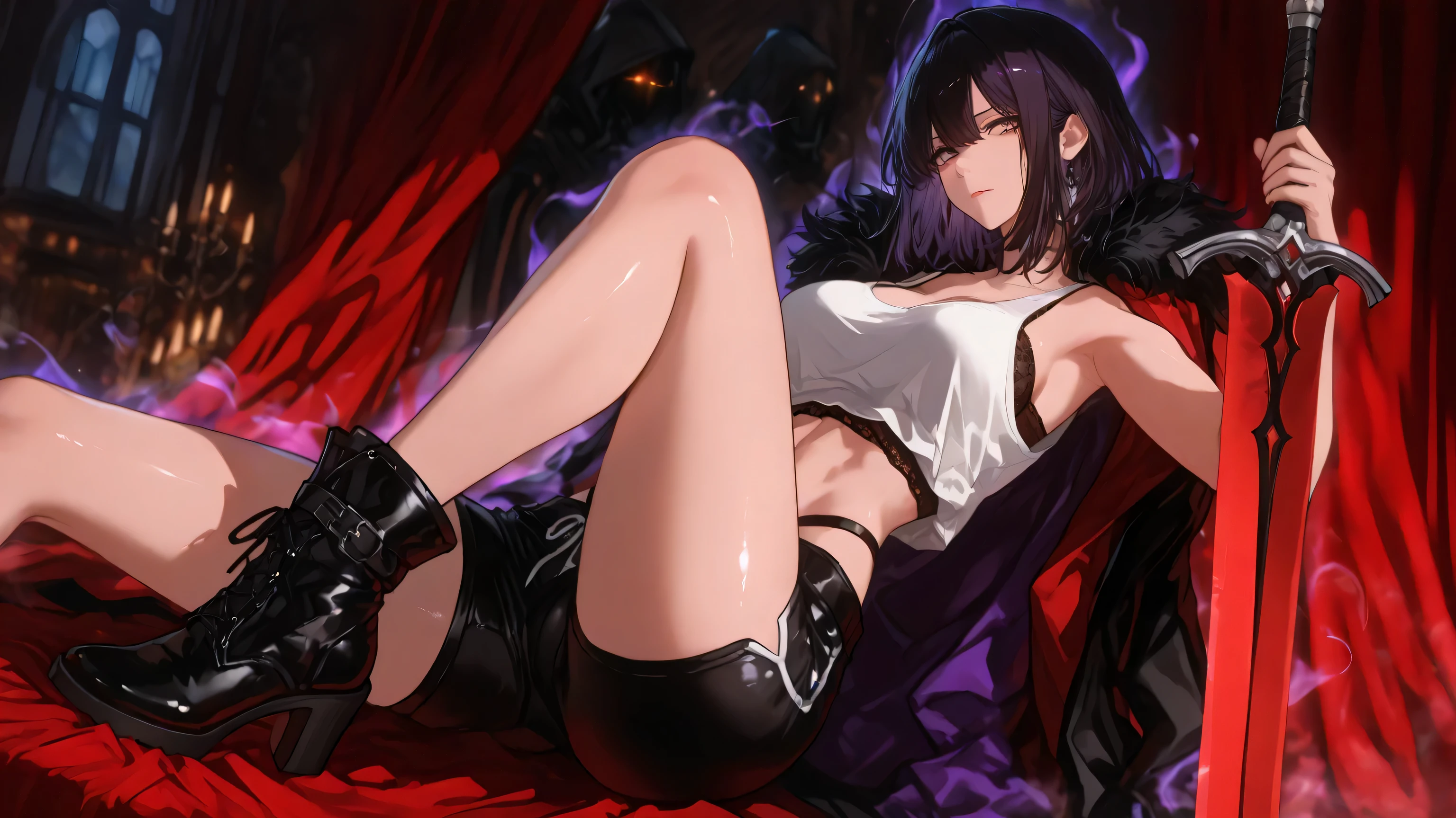 Glowing eyes, aura, silhouette, ,raise a sword,SLshdw,
The image is a digital illustration of an anime-style character, focusing on the upper body and face, exuding a seductive and intense aura. The character is a tall, slender young woman with a toned physique and sharp, angular facial features. Her skin is fair, and her expression is serious, conveying a sense of desire. Her long, luxurious, straight black hair reaches her waist, left loose with a few strands framing her face. Her dark purple eyes are striking, wide, and intense, reflecting determination and a hint of intrigue, accentuated by subtle makeup that enhances her sharp features. Her mouth is slightly parted as if she is about to speak or gasp.
She is dressed in a sleek, modern outfit that complements her dynamic presence. She wears a loose-fitting white tank top that covers her navel and is slightly sheer, revealing the outline of a black bra underneath, adding a bold and provocative touch to her look. The tank top is paired with black athletic shorts that emphasize her agility and confidence. Instead of a cape, she now wears a glossy black mantle that drapes over her shoulders and down her back, its fabric heavier and more voluminous than a cape, with deep folds that add a sense of drama and mystery. The mantle faintly shimmers, catching the light, and lends a majestic, almost magical quality to her appearance. On her feet, she wears black heeled ankle boots, enhancing her tall, elegant stature with a touch of sophistication.
In her hands, she wields a pair of large, red, curved daggers, gripping one in each hand and holding them crossed diagonally across her chest. The daggers have a faint crimson glow emanating from them, illuminating her face and outfit with a warm, dangerous light. The blades are detailed with intricate silver etchings, and the hilts are wrapped in dark purple fabric that matches her eyes, tying her design together cohesively. A subtle dark purple aura ema