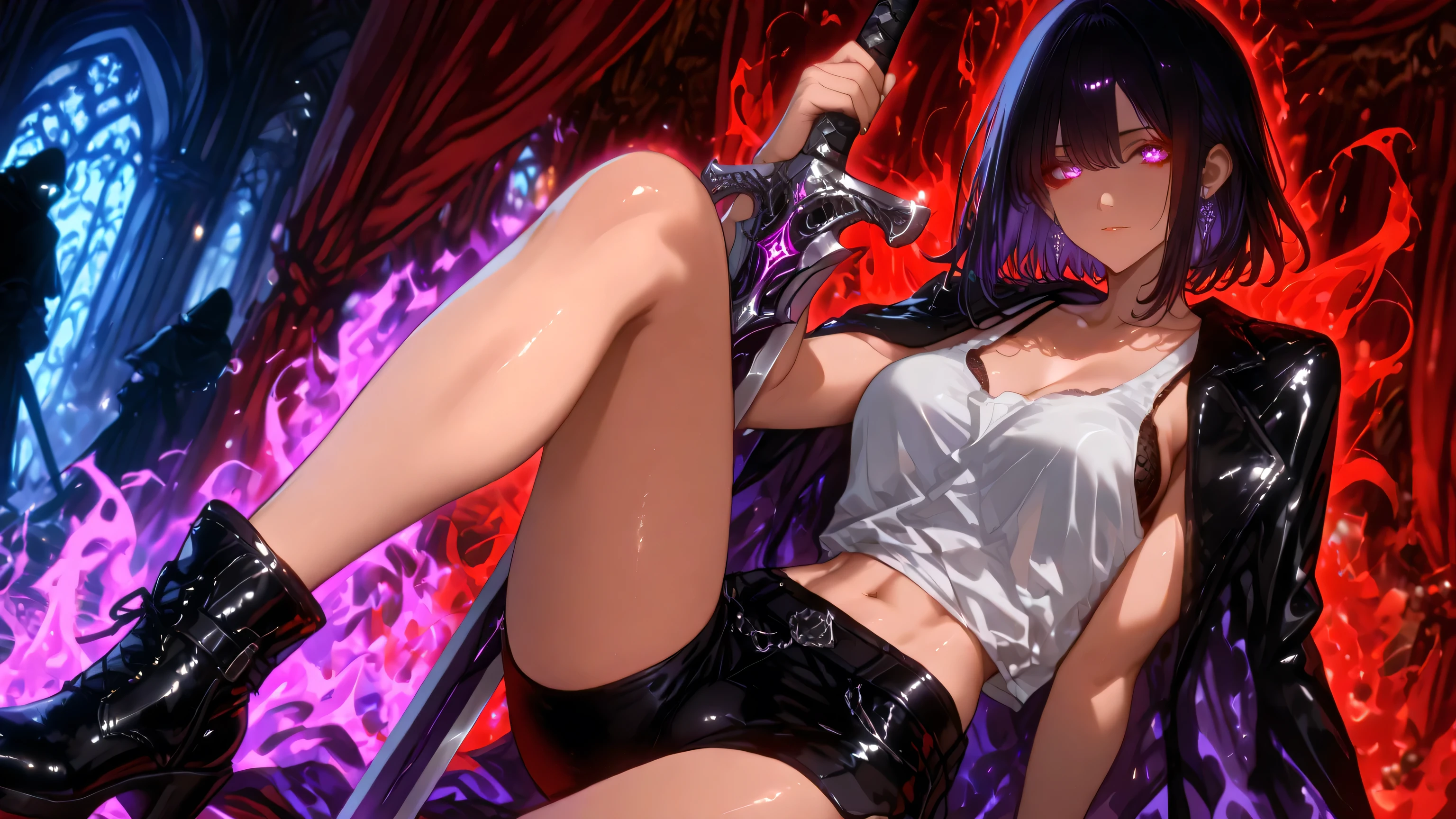 HDR,Dynamic lighting,Glowing eyes, aura, silhouette, ,raise a sword,SLshdw,
The image is a digital illustration of an anime-style character, focusing on the upper body and face, exuding a seductive and intense aura. The character is a tall, slender young woman with a toned physique and sharp, angular facial features. Her skin is fair, and her expression is serious, conveying a sense of desire. Her long, luxurious, straight black hair reaches her waist, left loose with a few strands framing her face. Her dark purple eyes are striking, wide, and intense, reflecting determination and a hint of intrigue, accentuated by subtle makeup that enhances her sharp features. Her mouth is slightly parted as if she is about to speak or gasp.
She is dressed in a sleek, modern outfit that complements her dynamic presence. She wears a loose-fitting white tank top that covers her navel and is slightly sheer, revealing the outline of a black bra underneath, adding a bold and provocative touch to her look. The tank top is paired with black athletic shorts that emphasize her agility and confidence. Instead of a cape, she now wears a glossy black mantle that drapes over her shoulders and down her back, its fabric heavier and more voluminous than a cape, with deep folds that add a sense of drama and mystery. The mantle faintly shimmers, catching the light, and lends a majestic, almost magical quality to her appearance. On her feet, she wears black heeled ankle boots, enhancing her tall, elegant stature with a touch of sophistication.
In her hands, she wields a pair of large, red, curved daggers, gripping one in each hand and holding them crossed diagonally across her chest. The daggers have a faint crimson glow emanating from them, illuminating her face and outfit with a warm, dangerous light. The blades are detailed with intricate silver etchings, and the hilts are wrapped in dark purple fabric that matches her eyes, tying her design together cohesively. A subtle dark purple aura ema