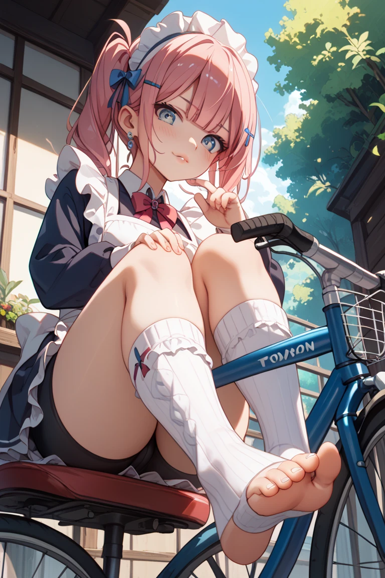 Girl with pink hair, long twintail hairstyle, ((small bushy eyebrows)), wearing gothic lolita clothing, lolicon , walking to school, flirty smile,, bored look, bored face,, (sitting with legs open lifting her skirt to show her vagina wet with semen), missionary sex , male pov, looking from above view