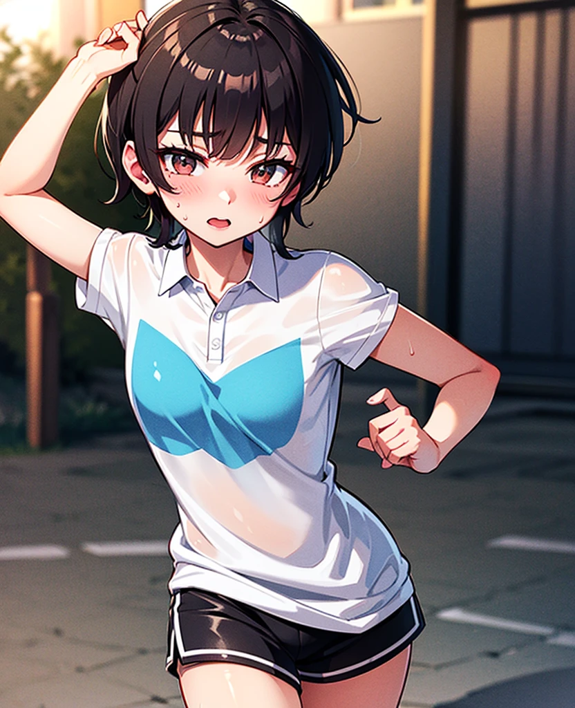 (1 person、solo), Beautiful woman, 3D, (High-definition and beautiful eyes)、(Anatomically perfect body), Slender、(White tennis wear、skirt), (On all fours、doggystyle, Place your chest on the floor:1.1), (extra detailed panty), (Pussy juice:1.1), 18-year-old、(highest quality)、Black Hair, (short hair)、(8k, High resolution)、(shy:1.4)、Mid-chest, (steam:1.1), (embarrassed:1.3), Glossy lips、Erect nipples、In a dark warehouse, (from back, From the buttocks)