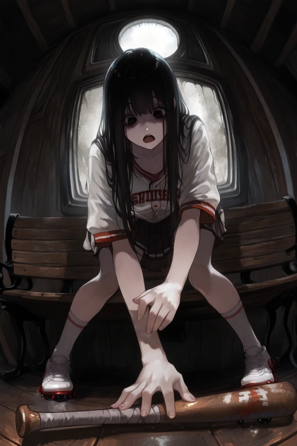 touko, 1girl, solo, skirt, egg, blood, school uniform, sitting, kneehighs<lora:touko:1>