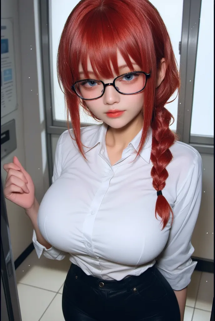 (best quality,4k,8k,highres,masterpiece:1.2),ultra-detailed,beautiful detailed eyes,beautiful detailed lips,extremely detailed eyes and face,long eyelashes,sexy woman with big breasts,red skirt white blouse open showing white bra,white bra showing, wearing glasses,,fantasy style,illustration,sharp focus,vivid colors,professional lighting,portrait,red and white color tones,pigtails