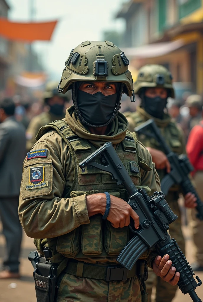 Islamic State warriors equiped with hi-technology armours and guns and ISIS flag behind