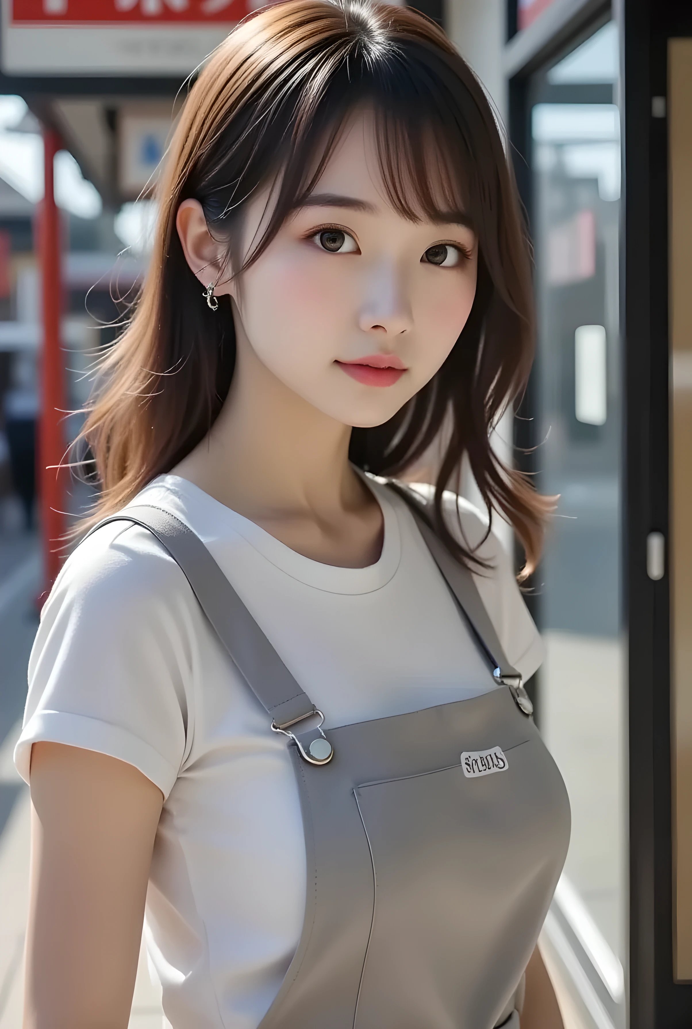 super realistic , photorealistic , (Full body image:1.5), she looks so happy , shadow, global illumination , Alone, (Japanese woman in her 20s :1.5), so beautiful、 Cute Smiles , Slim, brown hair , beautiful legs , Long, slender legs , Surimi West , She's wearing a receptionist ,wearing a bus guide , turn your body forward、 white hair,full body photo ,Please take a picture up to the tip of your foot ,wear gray pantyhose on her legs ,When the light hits stockings, they reflects beautifully., wearing beige high heels ,