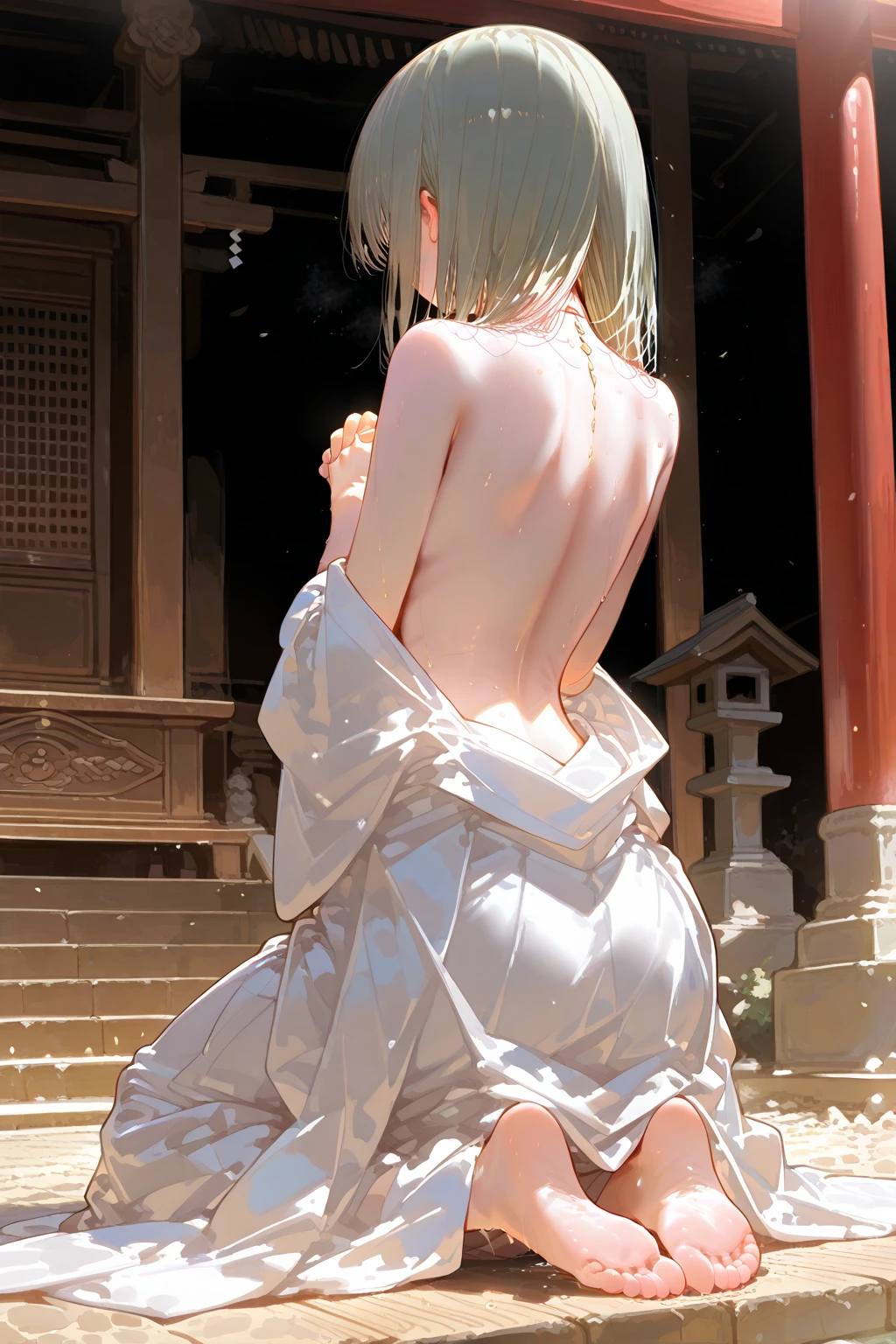 Like the game world、Stone altar、Outdoor、cloudy、evening、Mysterious orange cloud、A naked beautiful girl praying